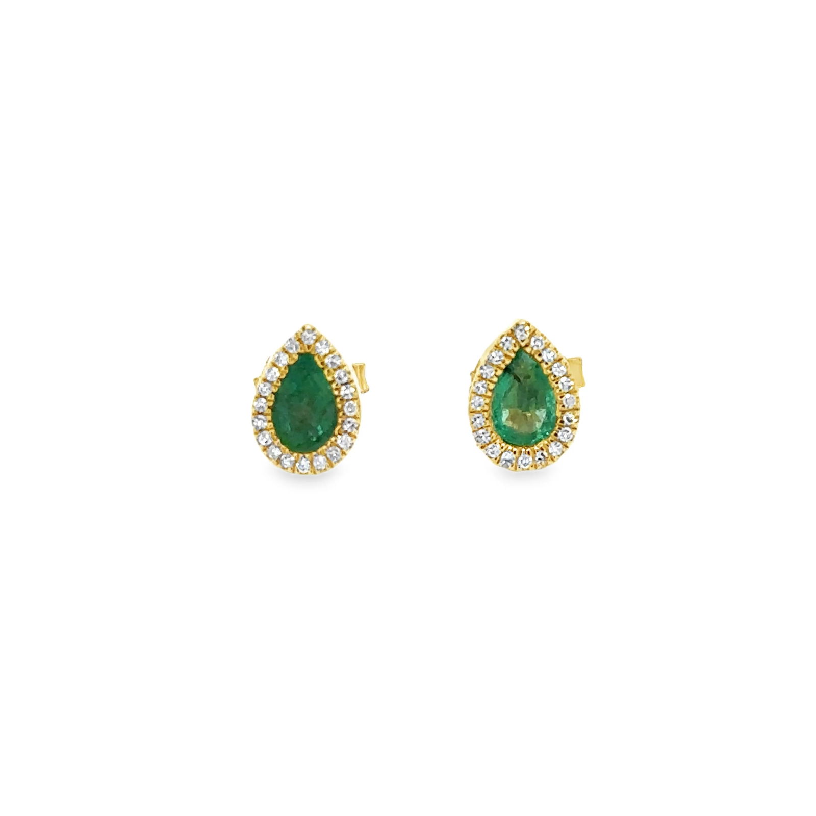14KT YELLOW GOLD EMERALD AND DIAMONDS PEAR SHAPE EARING: 14KT YELLOW GOLD EMERALD AND DIAMONDS PEAR SHAPE EARING14KT GOLD WT. APPROX. 1.92 GRAMDIAMOND WT. APPROX. 0.06 CARAT / 40 PCSEMERALD WT. APPROX. 0.46 CARAT / 2 PCSSIZE APPROX. 5.5 X 7.5 MM