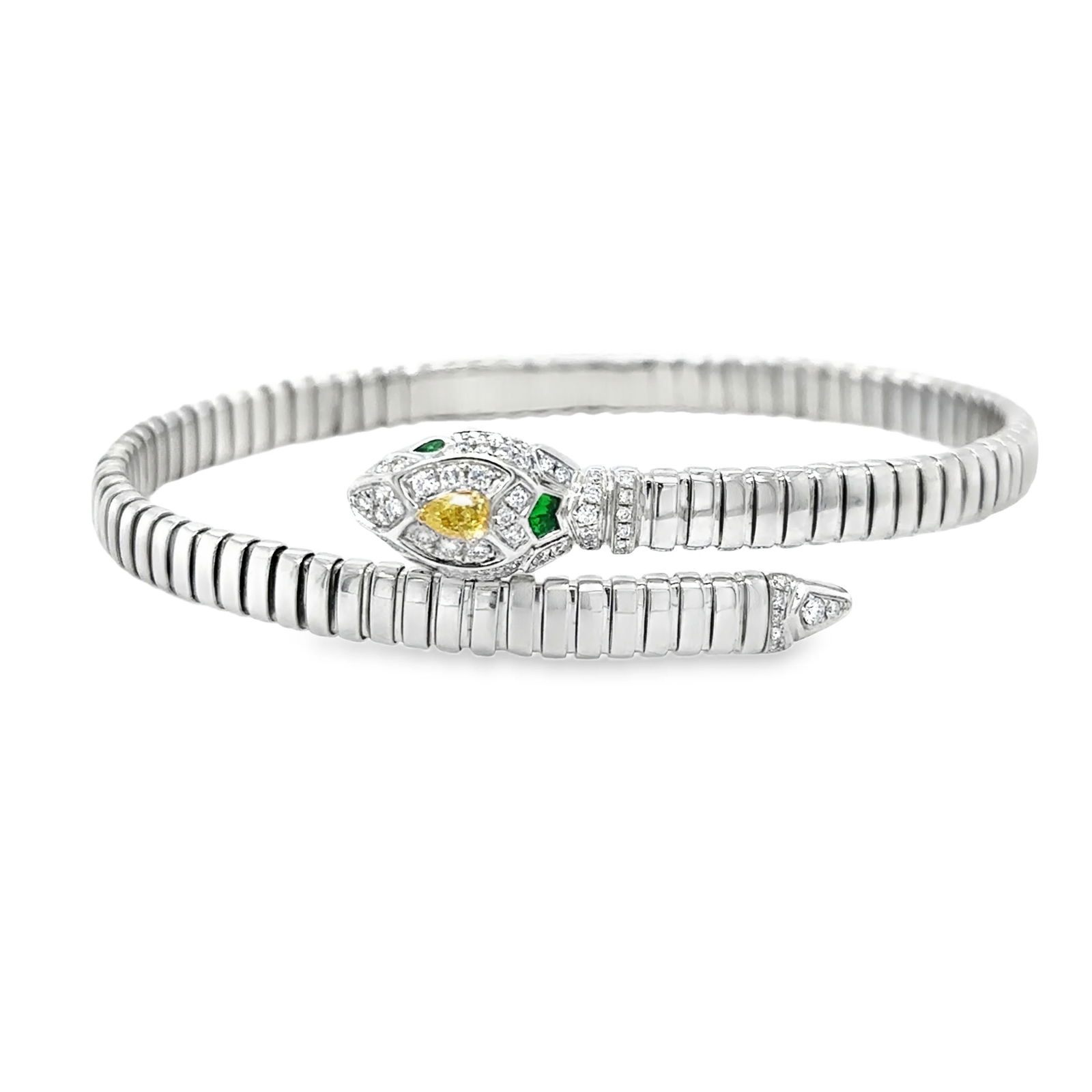 18KT WHITE GOLD EMERALD AND DIAMONDS AND YELLOW DIAMOND SNAKE BANGLE (1 of 4)
