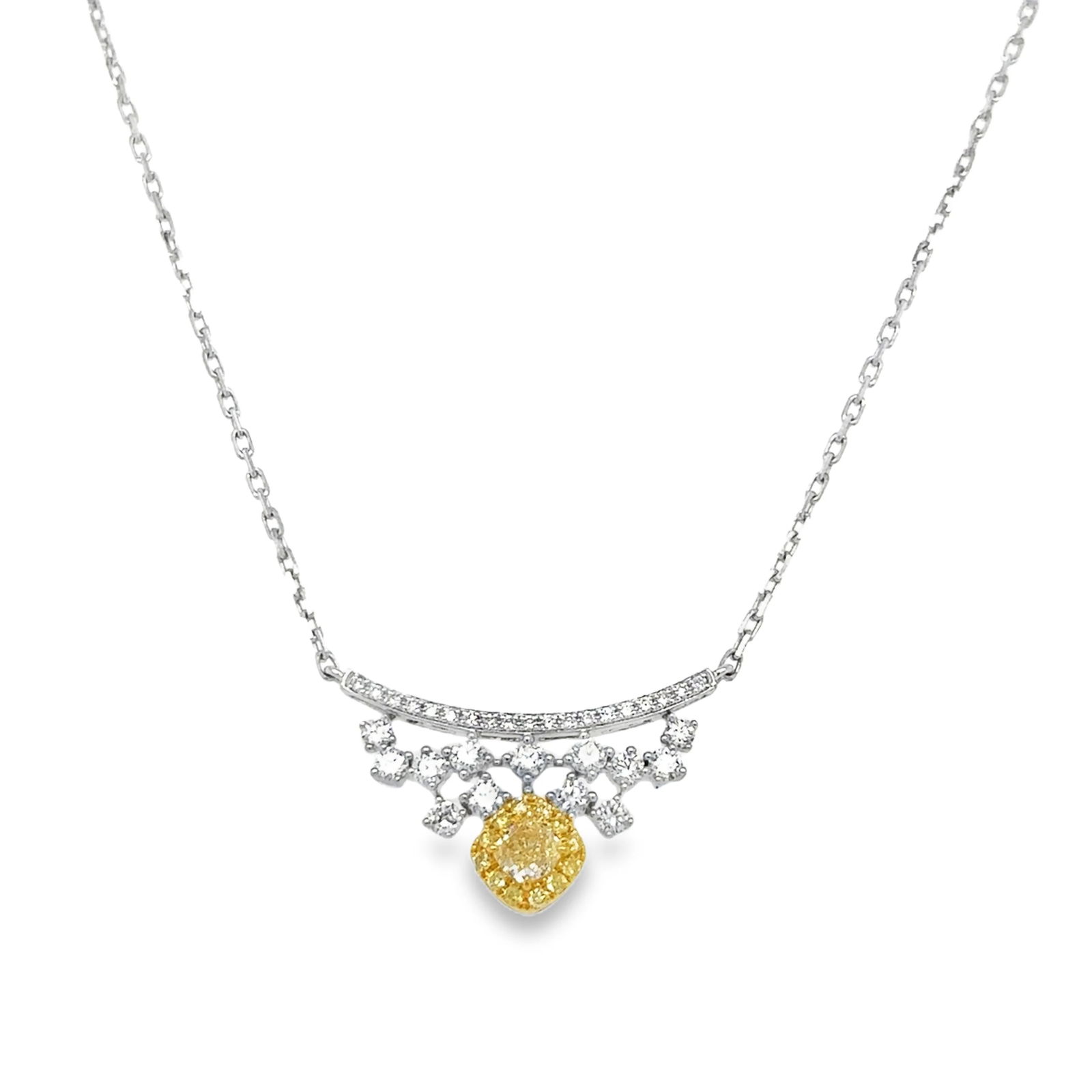 18KT WHITE GOLD DIAMOND AND YELLOW DIAMOND NECKLACE: 18KT WHITE GOLD DIAMOND NECKLACE 18"18KT GOLD WT. APPROX. 4.30 GRAMDIAMOND WT. APPROX. 0.55 CARATYELLOW DIAMOND WT. APPROX. 0.28 CARATFLOWER SIZE APPROX. - 12 X 23 MM