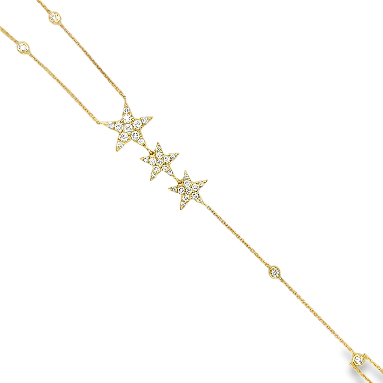 14KT YELLOW GOLD DIAMONDS HAND CHAIN: 14KT YELLOW GOLD DIAMONDS HAND CHAIN14KT GOLD WT. APPROX. 3.15 GRAMDIAMOND WT. APPROX. 0.88 CARAT/ 37 PCSWRIST TO FINGER LENGTH APPROX. 3.5 INCHES LONGWRIST LENGTH APPROX. 7 INCHES LONG (6.5 INCHES