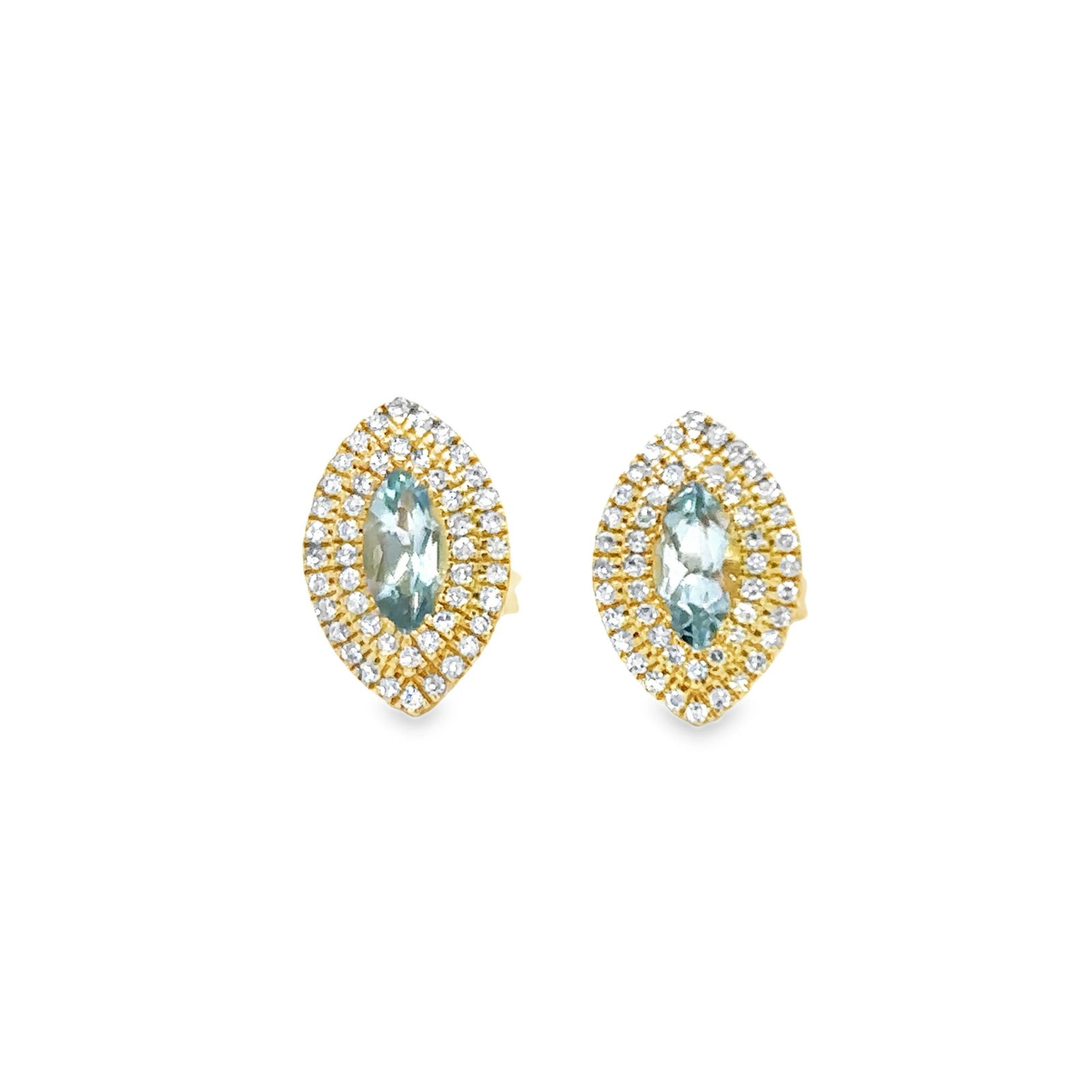 14K YELLOW GOLD AQUAMARINE WITH DIAMONDS EARRING: 14KT YELLOW GOLD AQUAMARINE WITH DIAMONDS EARRING14KT GOLD WT. APPROX. 1.91 GRAMDIAMOND WT. APPROX. 0.19 CT / 96 PCSAQUAMARINE WT. APPROX. 0.46 CARAT/ 02 PCSIZE APPROX: 11MM X 8MM