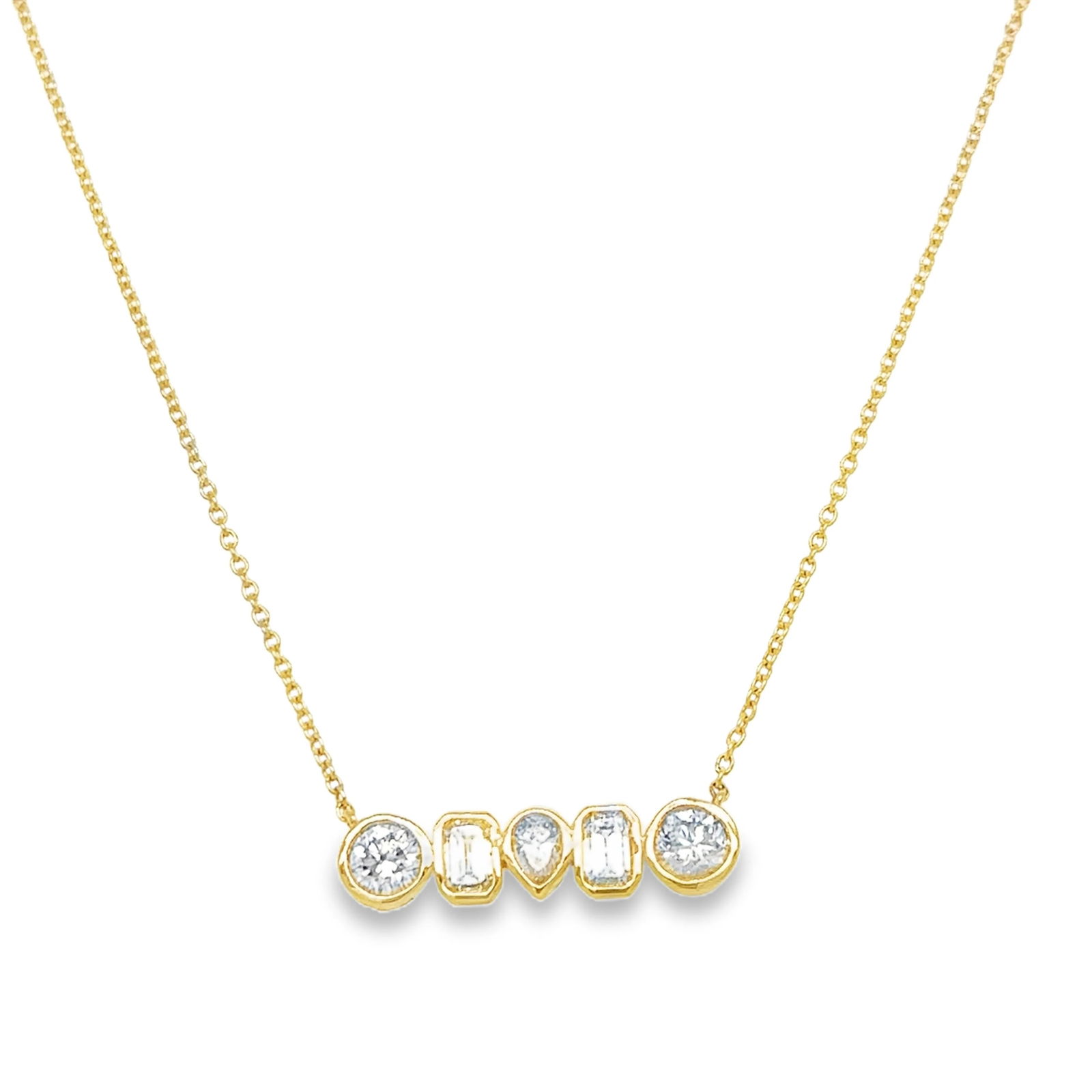 14KT GOLD DIAMOND PENDANT NECKLACE: 14KT YELLOW GOLD DIAMOND PENDANT NECKLACE14KT GOLD WT. APPROX. 2.12 GRAMDIAMOND WT. APPROX. 0.86 CARAT / 5 PCS18" LONG CHAIN WITH ADJUSTABLE RING ON 17" EXTENDER