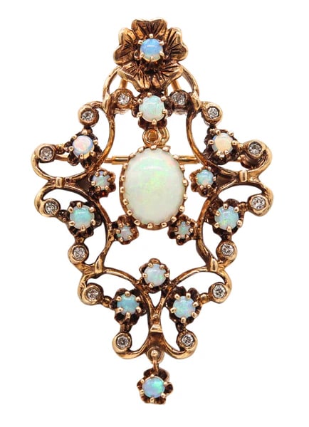 VICTORIAN 1890 Pendant-Brooch In 18Kt Yellow Gold Precious Opals & Diamonds (1 of 5)