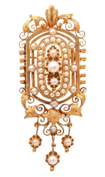FRENCH 1880 Etruscan Revival Pendant-Brooch In 19Kt Gold With Natural Pearls: French Etruscan revival pendant-broochThis is a beautiful convertible pendant-brooch created in Paris France during the Victorian era (1837-1901) back in the 1880, This piece has been crafted with