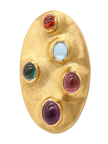 BURLE MARX 1965 Pendant-Brooch In 18Kt Yellow Gold With Vivid Color Gemstones: A sculptural pendant-brooch designed by Haroldo Burle Marx.This is a beautiful pendant-brooch created in Brazil by the artist-jeweler Haroldo Burle Marx during the modernist period, back in the 1960's