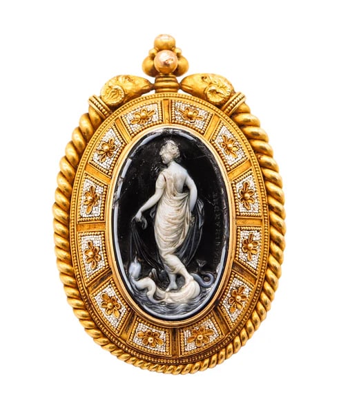 ERNEST PIERRET 1880 Etruscan Micro Mosaic Pendant Brooch In 18Kt Gold & Sardonyx: An Etruscan revival pendant brooch designed by Ernesto Pierret (1824-1898).This is an exceptional and extremely rare pendant-brooch created in Roma Italy by the master jeweler Ernest Pierret. This fab