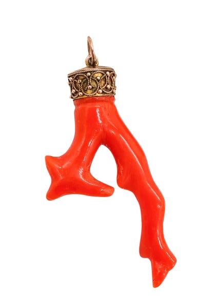 ETRUSCAN REVIVAL 1880 Italian Neapolitan Root-Coral Pendant In 18Kt Yellow Gold: An Etruscan revival pendant with Neapolitan coral.This is a beautiful antique pendant with vivid red coral created in Naples Italy during the Victorian and the Etruscan revival periods, around the
