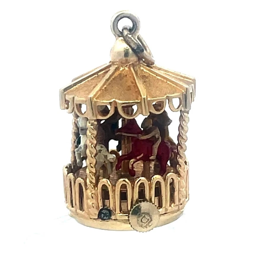 Dankner 14k Gold Pendant 1960's Enamel Wind-up Mechanical Carousel (1 of 6)