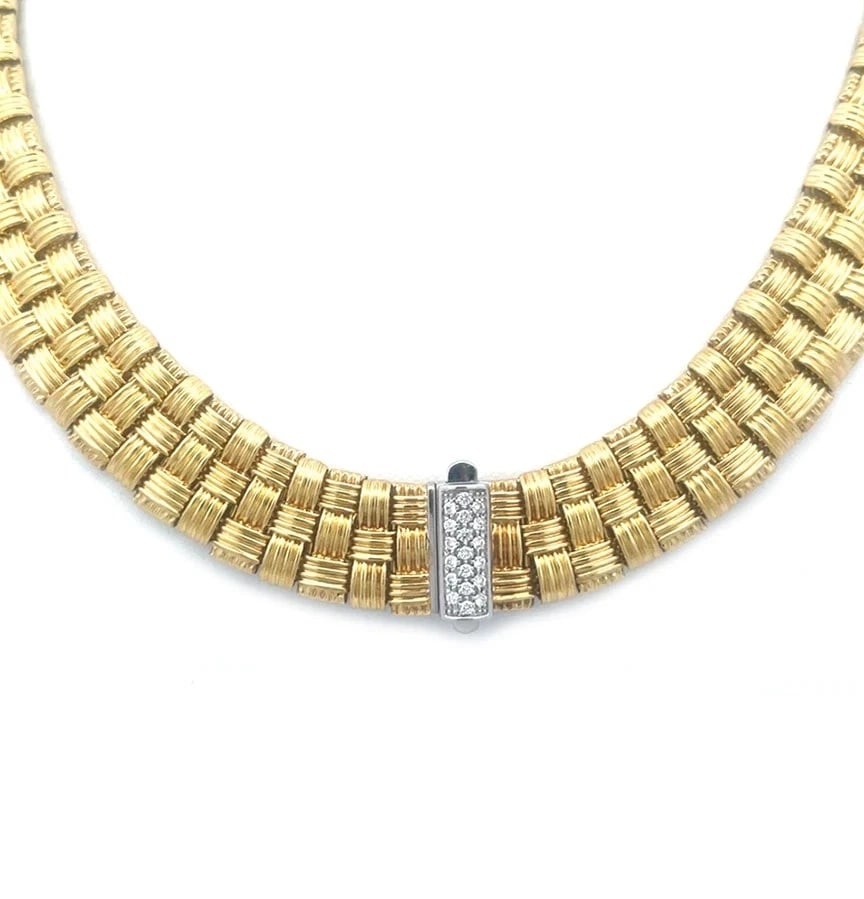 Roberto Coin Appassionata Gold Necklace 18k Yellow Diamond Clasp Collar: Absolutely gorgeous by Roberto Coin, this eye-catching collar necklace is from his Appassionata Collection featuring triple row basket woven design in 18k yellow gold. This collar-style necklace
