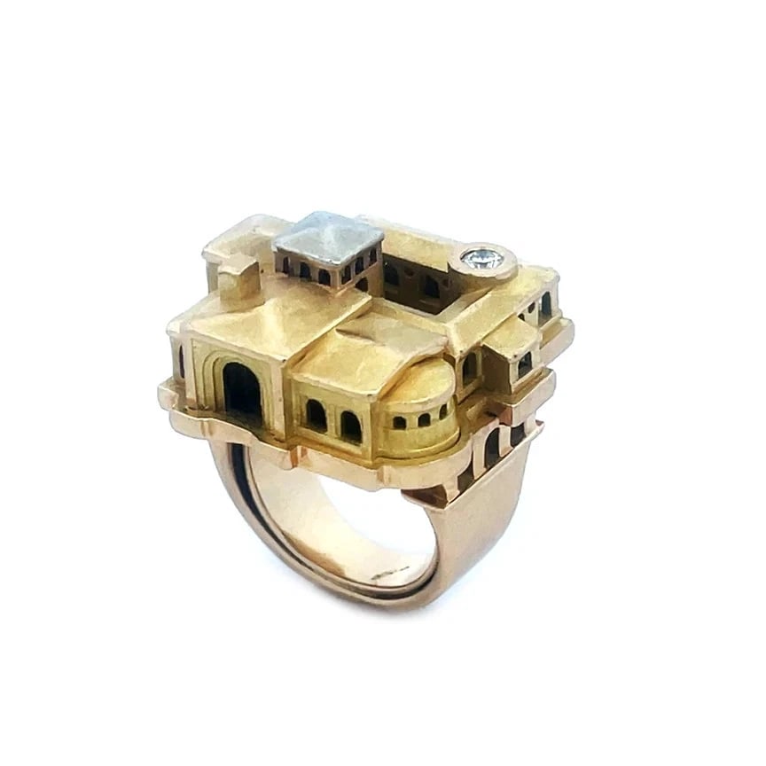 Philippe Tournaire 3D Gold Ring 18k Yellow Diamond Architectural Villa: The Philippe Tournaire stunning 3D gold ring is possibly inspired by Florida architecture; it has a natural white diamond set in 18k yellow gold. The ring's design is inspired by an architectural