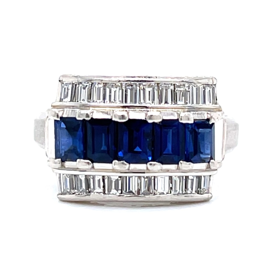 Platinum Sapphire & Diamond Ring: Platinum Sapphire & Diamond RingWeighing 8.8 gramsSet with 5 Sapphires weighing 1.17 Ct.Along with 20 Diamonds weighing app. 0.60 Ct.D-F Color, VVS-VS ClarityRing Size 6.5