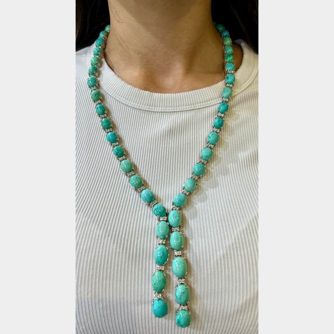 1960’s 18K White Gold Persian Turquoise & Diamond Necklace: 1960’s 18K White Gold Persian Turquoise & Diamond NecklaceWeighing 125.2 gramsSet with REAL PERSIAN TURQUOISEAlong with 54 Diamonds weighing app. 3.50 Ct.F-G Color, VVS-VS Clarity23 inches in length