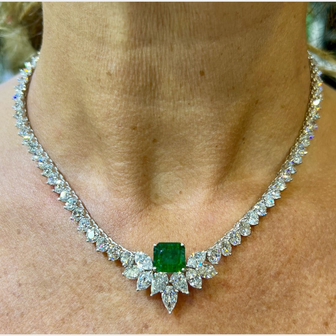 1950’s Platinum Emerald & Diamond Necklace: 1950’s Platinum Emerald & Diamond NecklaceWeighing 51.1 gramsSet with a 4.18 Ct. EmeraldAlong with 8 Fancy-cut Diamonds weighing app. 5.00 Ct.And 83 European-cut Diamonds weighing app. 29.00 Ct.F-G