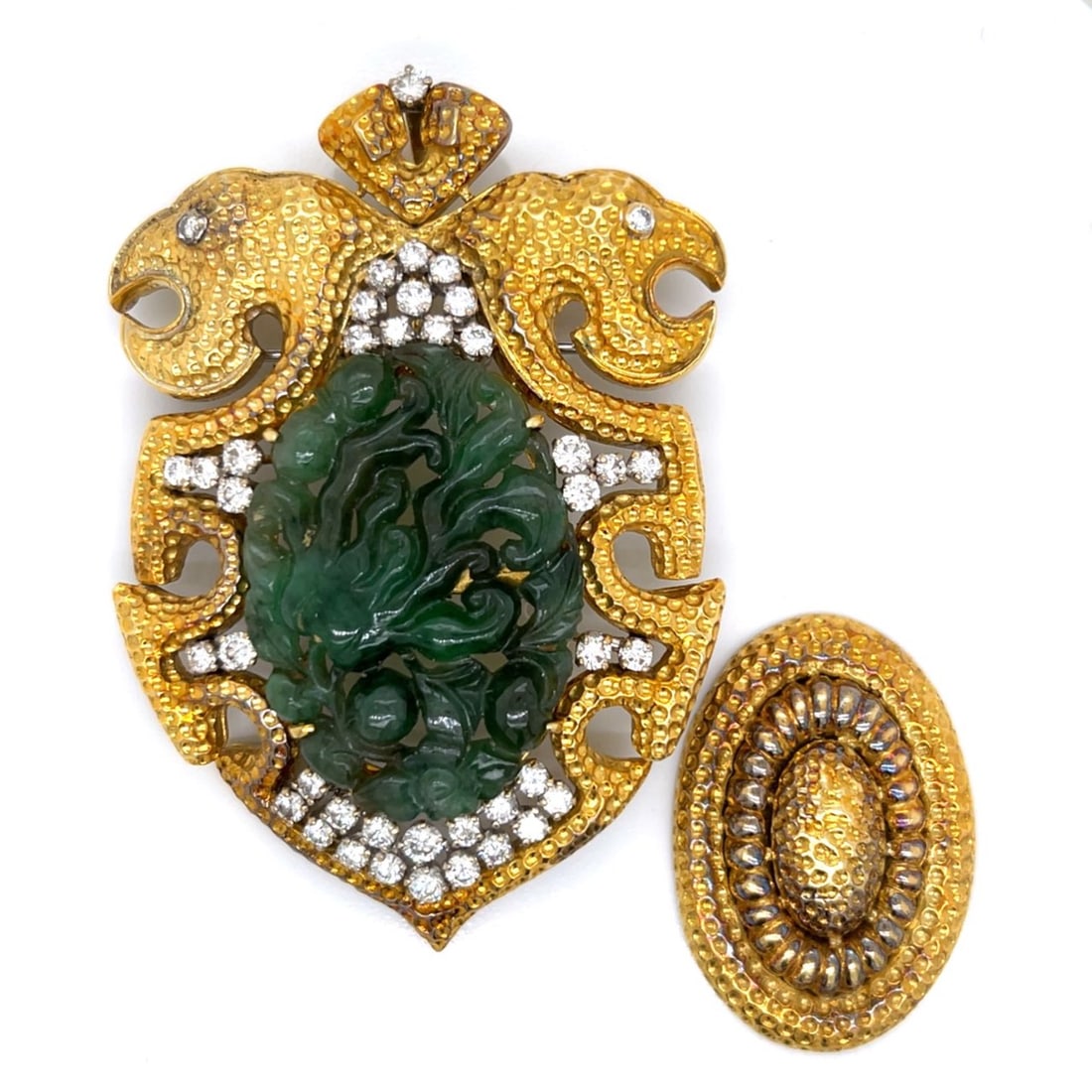 18K Yellow Gold Carved Jade & Diamond Brooch/Pendant (1 of 4)
