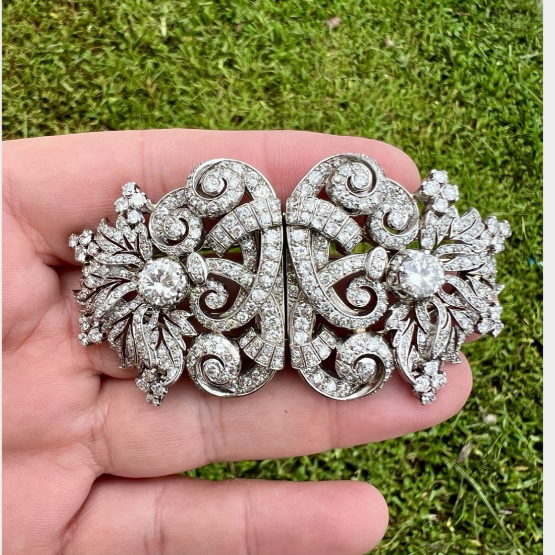 Art Deco Platinum Diamond Double Clips: Art Deco Platinum Diamond Double ClipsWeighing 69.3 gramsSet with 2 European-cut Diamonds weighing app. 2.70 Ct.I Color, VVS ClarityAlong with 370 Diamonds weighing app. 12.00 Ct.F-G Color, VS1-SI1 Cl