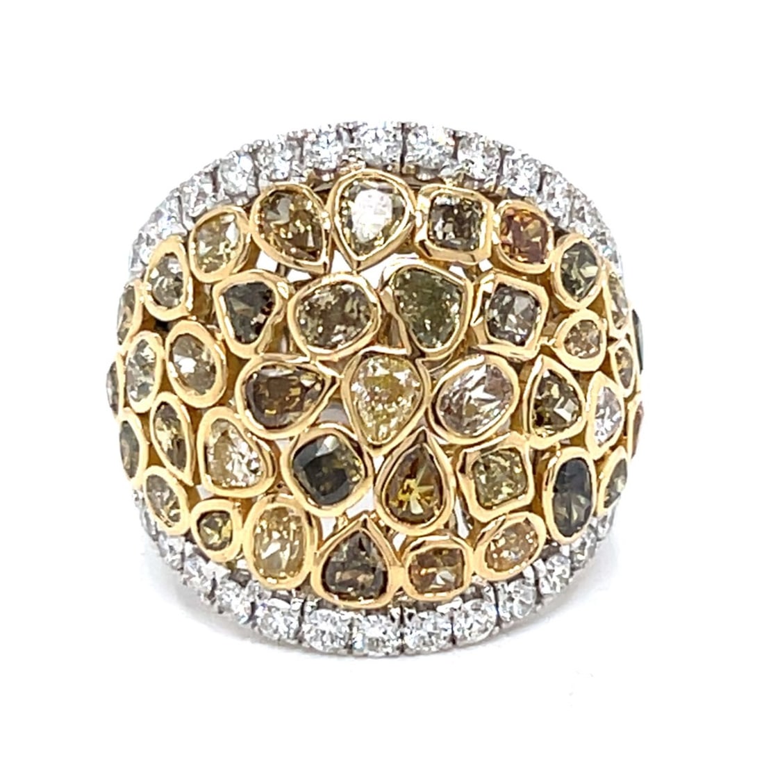 18K White Gold Natural Color Diamond Ring: 18K White Gold Natural Color Diamond RingWeighing 10.6 gramsSet with 39 Natural Color Diamonds weighing 3.26 Ct.Along with 30 Diamonds weighing 0.75 Ct.F-G Color, VVS-VS ClarityRing Size 6.5