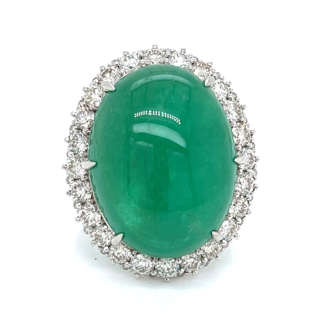 Platinum Certified 36.55 Ct. Emerald & Diamond Ring: Platinum Certified 36.55 Ct. Emerald & Diamond RingWeighing 27.4 gramsSet with a Gem Research Japan Certified 36.55 Ct. Emerald CabochonAlong with 60 Diamonds weighing 3.09 Ct.F-G Color, VVS-VS