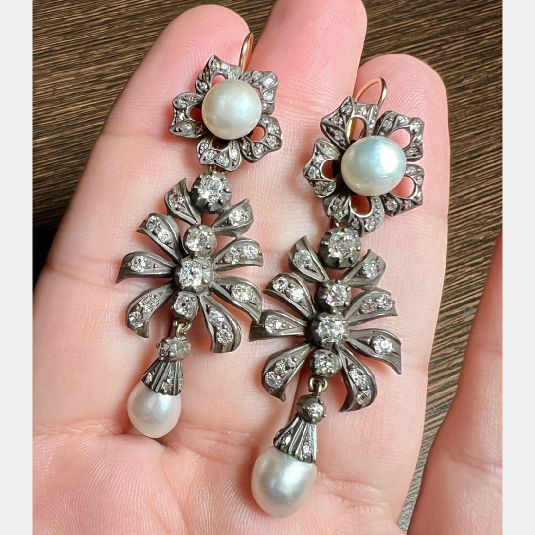 Victorian 14K & Silver Top GIA Certified Pearl and Diamond Earrings: Victorian 14K & Silver Top GIA Certified Pearl and Diamond EarringsWeighing 17.8 gramsSet with GIA Certified Pearls (Copy of GIA Certificate only)Along with 96 Old Mine Diamonds weighing app. 3.60