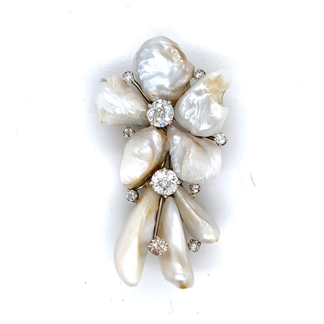 RUSER 18K & Platinum Pearl & Diamond Brooch: RUSER 18K & Platinum Pearl & Diamond BroochWeighing 14.7 gramsSet with 10 Old Mine and Single-cut Diamonds weighing 1.26 Ct.Includes original box2 inches in length