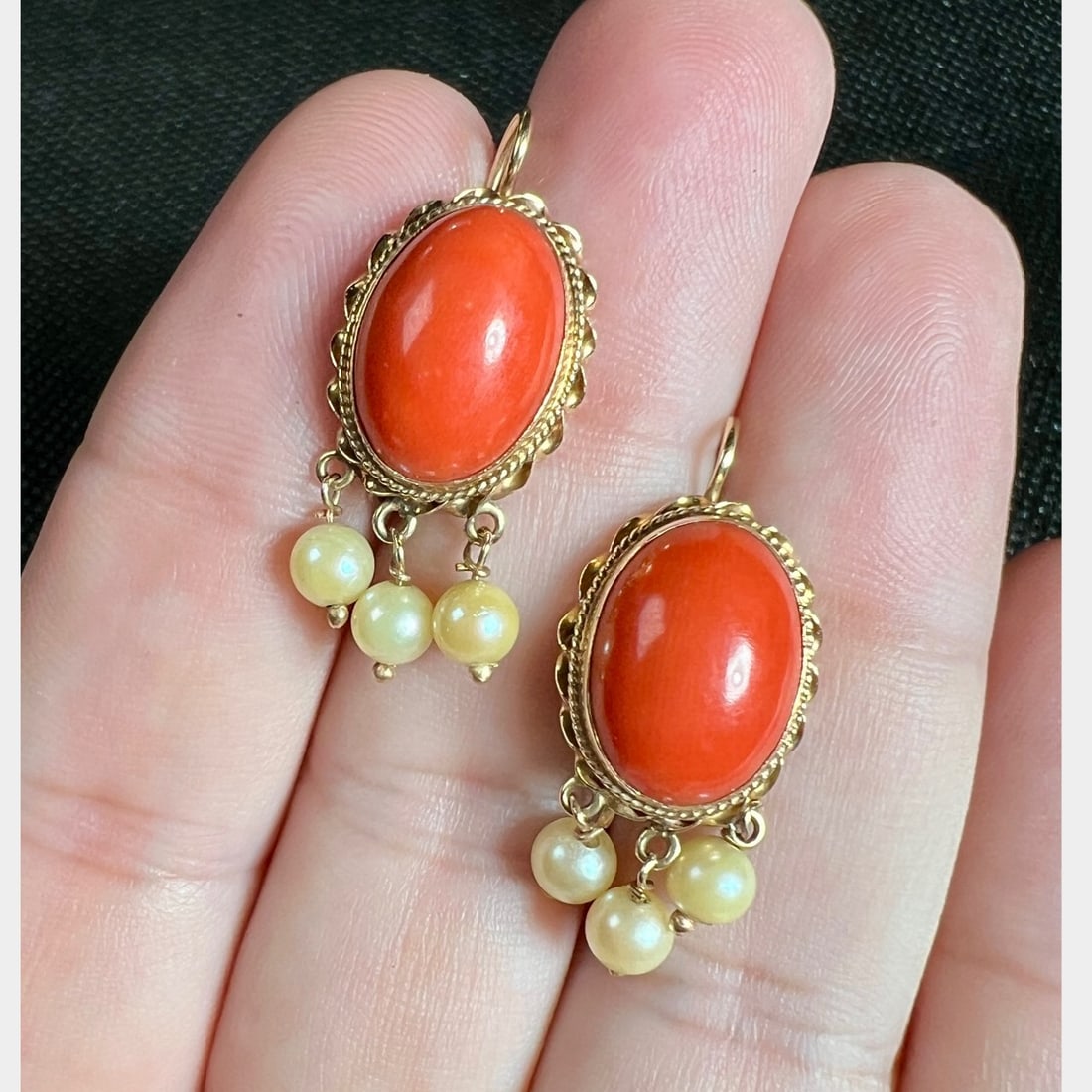 1960’s 14K Yellow Gold Coral & Pearl Earrings: 1960’s 14K Yellow Gold Coral & Pearl EarringsWeighing 5.5 gramsSet with 2 Corals measuring 13.2 x 9.6mmAlong with 6 Pearls measuring 4.3mm1 inch in length