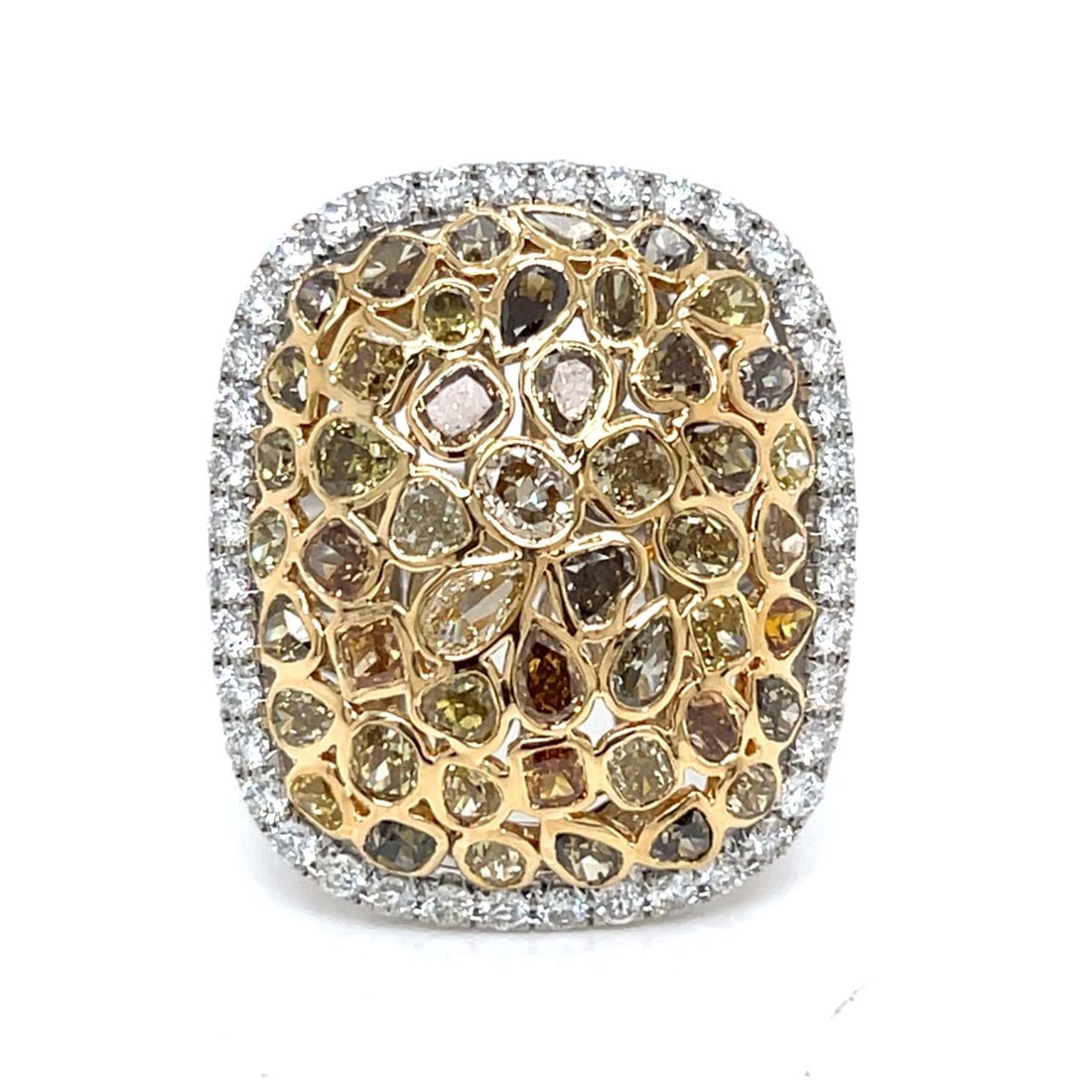 18K Yellow Gold Natural Color Diamond Ring: 18K Yellow Gold Natural Color Diamond RingWeighing 10.4 gramsSet with 48 Natural Color Diamonds weighing 3.96 Ct.VS1-SI1 ClarityAlong with 40 Diamonds weighing 0.87 Ct.F-G Color, VVS-VS ClarityRing