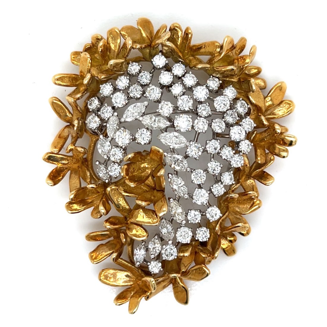 Platinum & 18K Yellow Gold 8.60 Ct. Diamond Brooch: Platinum & 18K Yellow Gold 8.60 Ct. Diamond BroochWeighing 45.7 gramsSet with 64 Diamonds weighing app. 8.60 Ct.F-G Color, VVS-VS Clarity3.25 x 3.0 inches