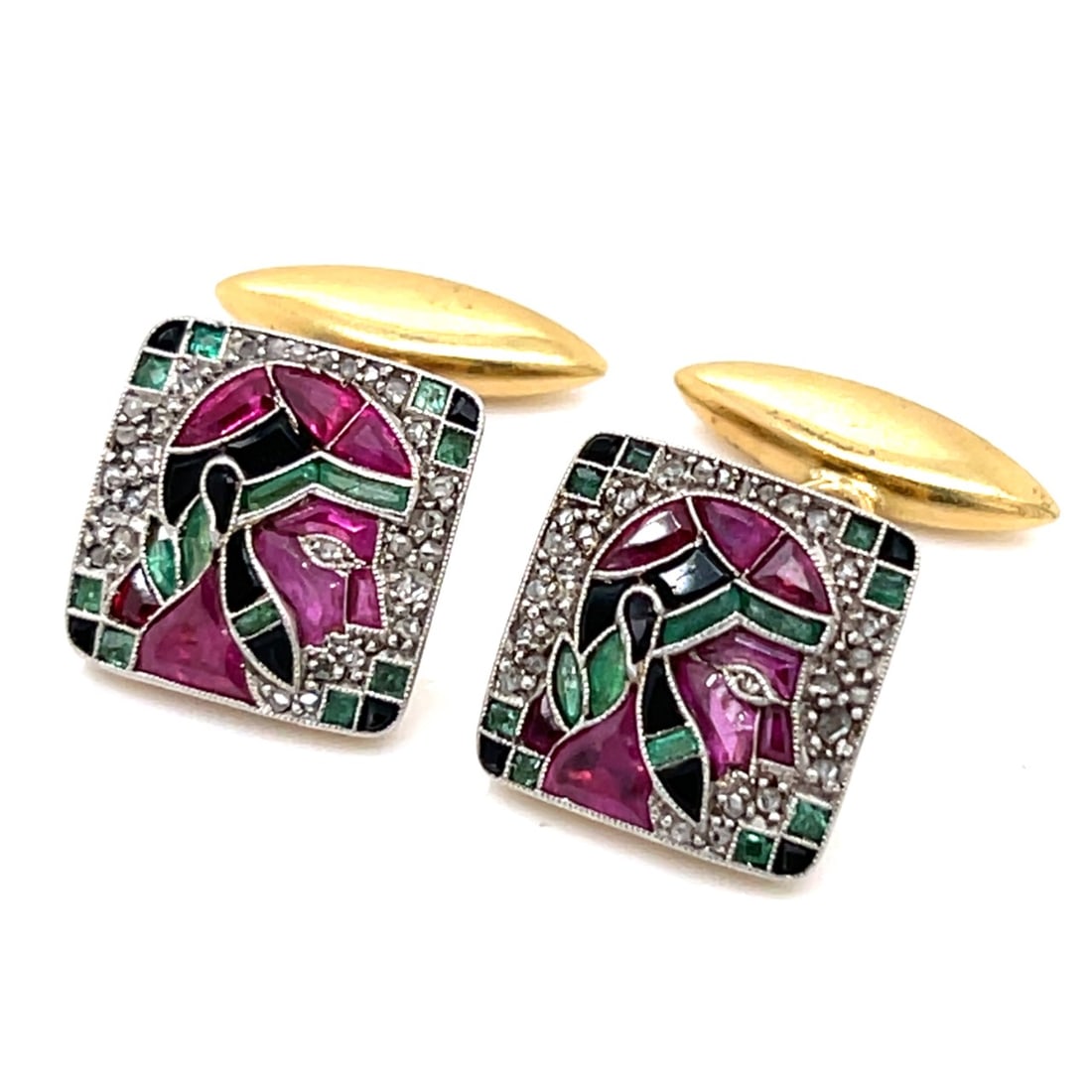 Art Deco Egyptian-style Platinum & 18K Diamond, Ruby, Emerald, & Onyx Cufflinks (1 of 3)