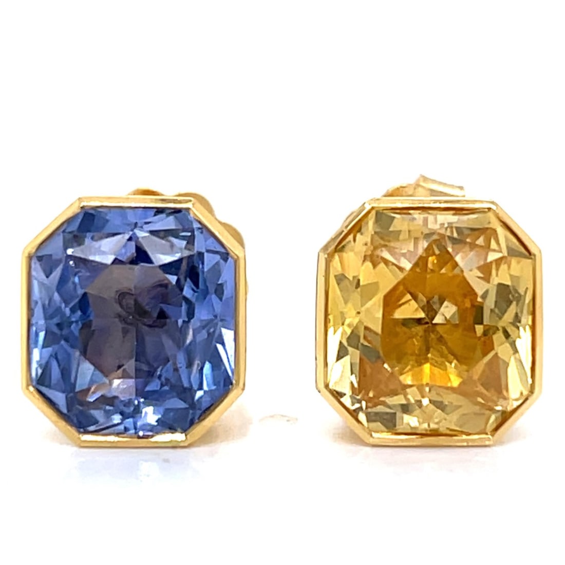 18K Yellow Gold GIA Certified Blue and Yellow Sapphire Earrings: 18K Yellow Gold GIA Certified Blue and Yellow Sapphire EarringsWeighing 8.8 gramsSet with 2 GIA Certified NO-HEAT Sapphires weighing app. 16.00 Ct.