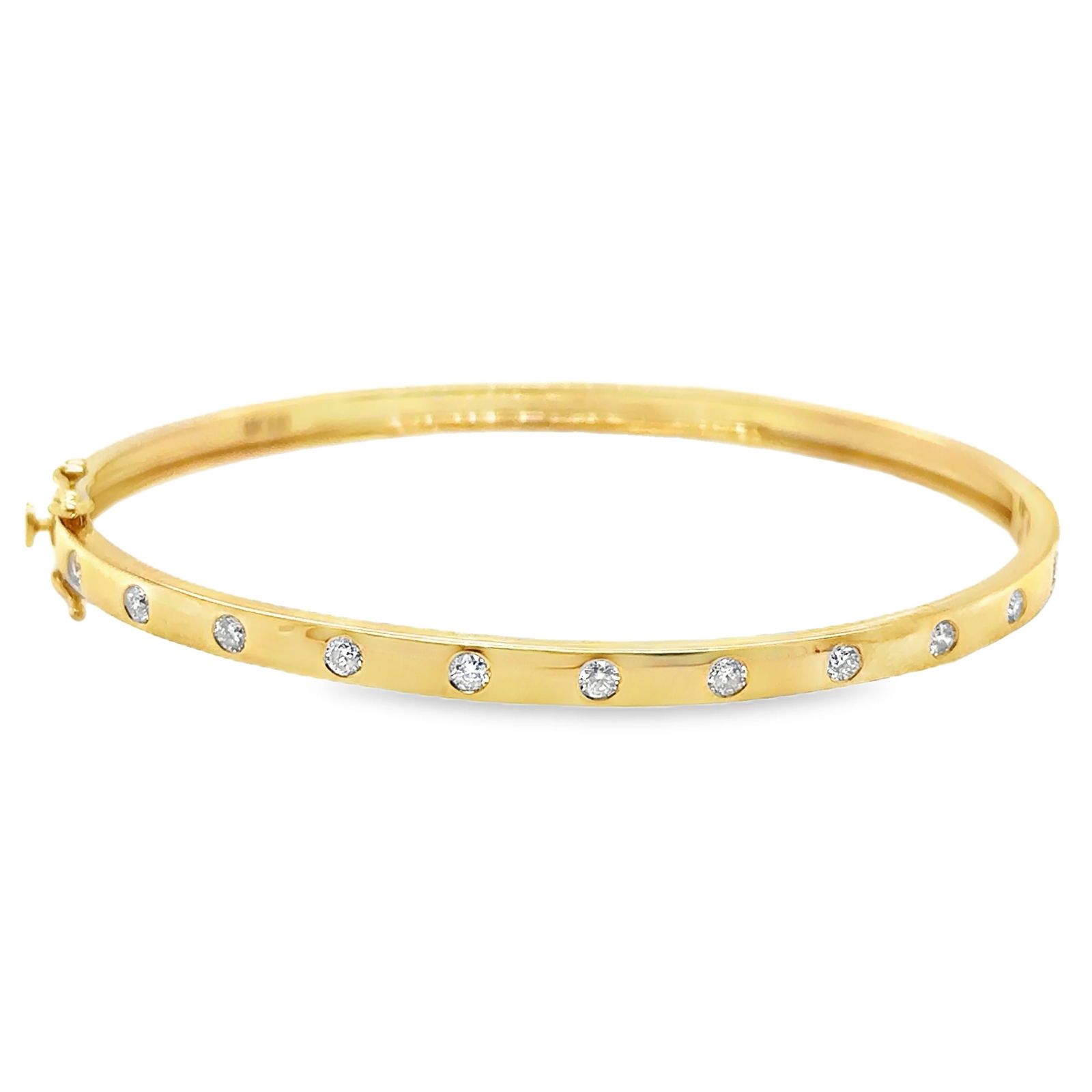 18KT GOLD DIAMOND BANGLE: 18KT YELLOW GOLD DIAMOND BANGLE18KT GOLD WT. APPROX. 12.16 GRAMDIAMOND WT. APPROX. 0.50 CARAT / 11 PCSSIZE APPROX. - 63.5 MM X 53 MMWIDTH APPROX. - 3.5 MM