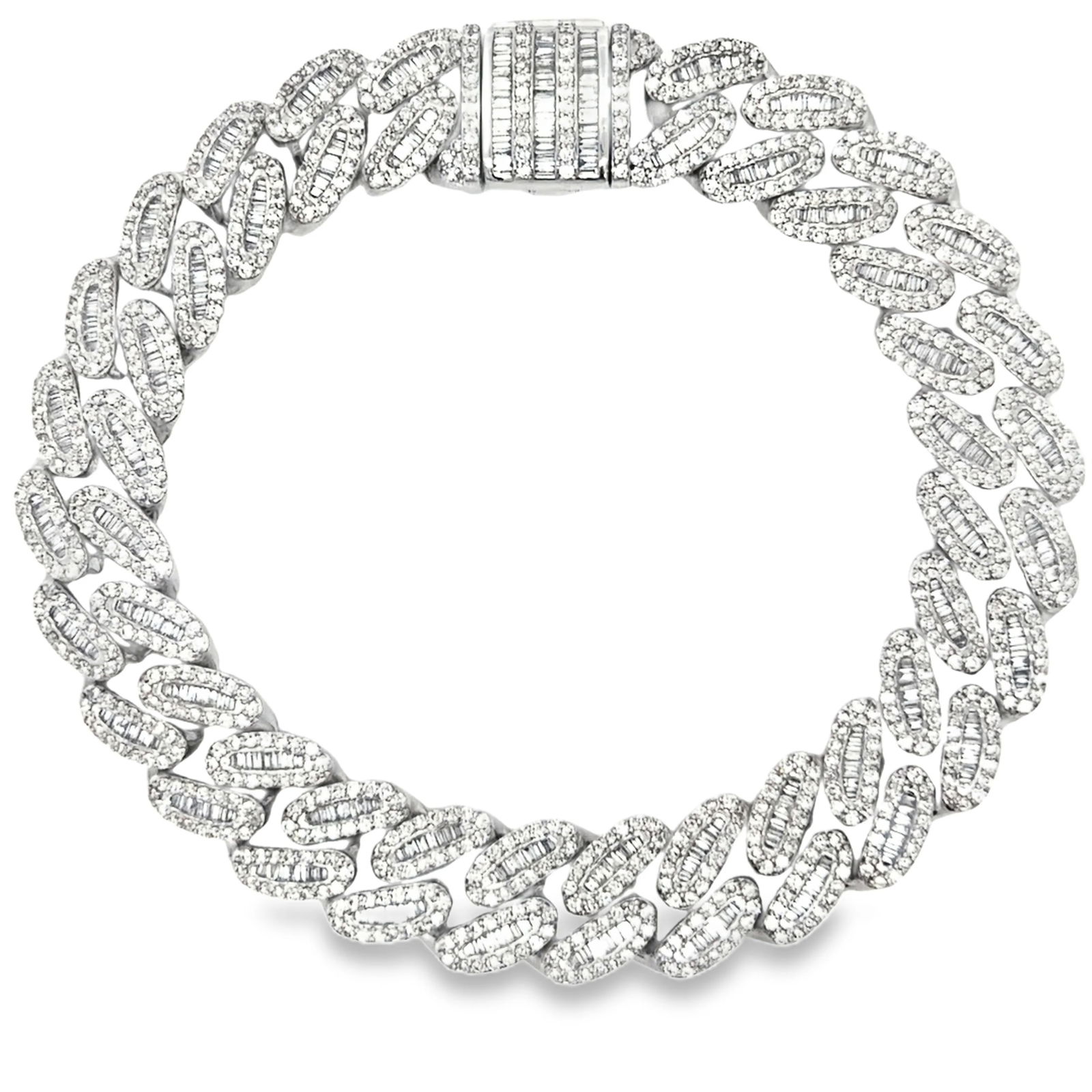 14KT GOLD DIAMOND AND BAGUETTE DIAMOND CUBAN BRACELET: 14KT WHITE GOLD DIAMOND AND BAGUETTE DIAMOND BRACELET 7"14KT GOLD WT. APPROX. 52.11 GRAMDIAMOND WT. APPROX. 5.45 CT / 1207 PCSLENGTH: 7 INCHES LONGSIZE APPROX. - 12 MM WIDE