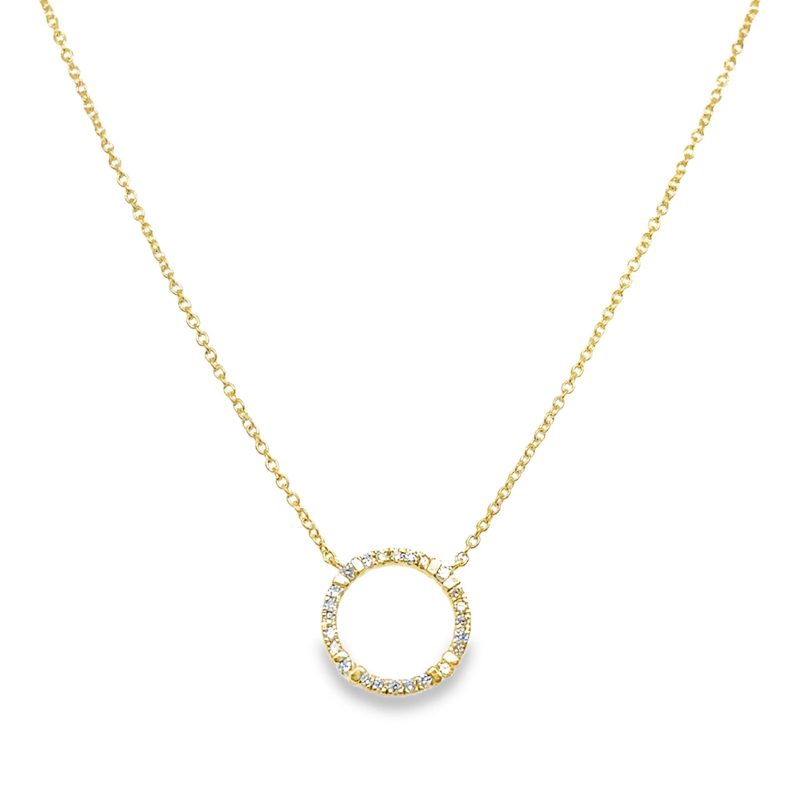 18KT GOLD DIAMOND OPEN CIRCLE NECKLACE: 18KT YELLOW GOLD DIAMOND OPEN CIRCLE NECKLACE 18"18KT GOLD WT. APPROX 1.93 GRAMDIAMOND WT. APPROX. 0.15 CARAT/ 24 PCS18" LONG CHAIN WITH ADJUSTABLE RING ON 16" & 17" EXTENDER