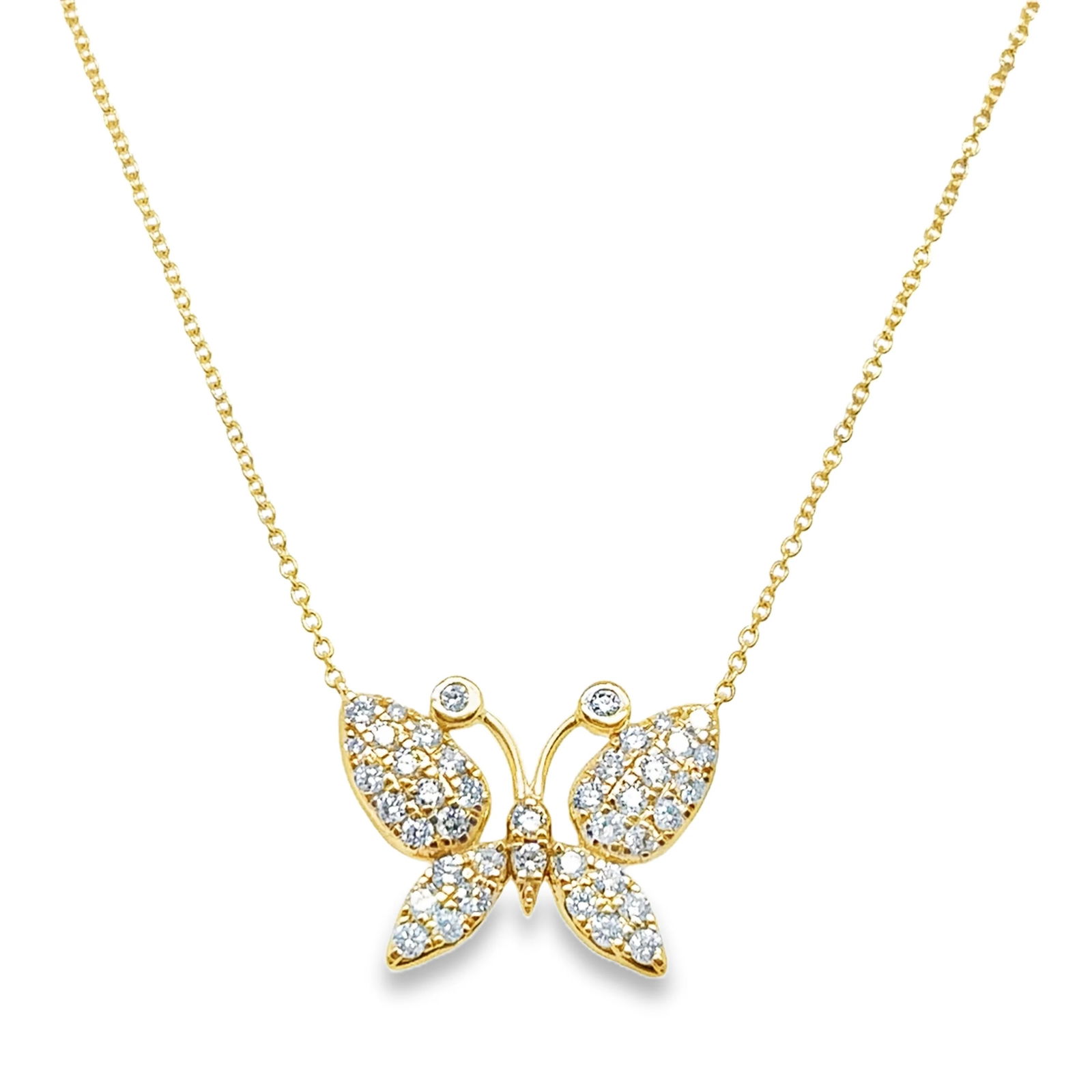 18KT GOLD DIAMOND BUTTERFLY NECKLACE: 18KT YELLOW GOLD DIAMOND BUTTERFLY NECKLACE 18"18KT GOLD WT. APPROX 3.45 GRAMDIAMOND WT. APPROX. 0.70 CARAT/ 42 PCS18" LONG CHAIN WITH ADJUSTABLE RING ON 16" & 17" EXTENDER