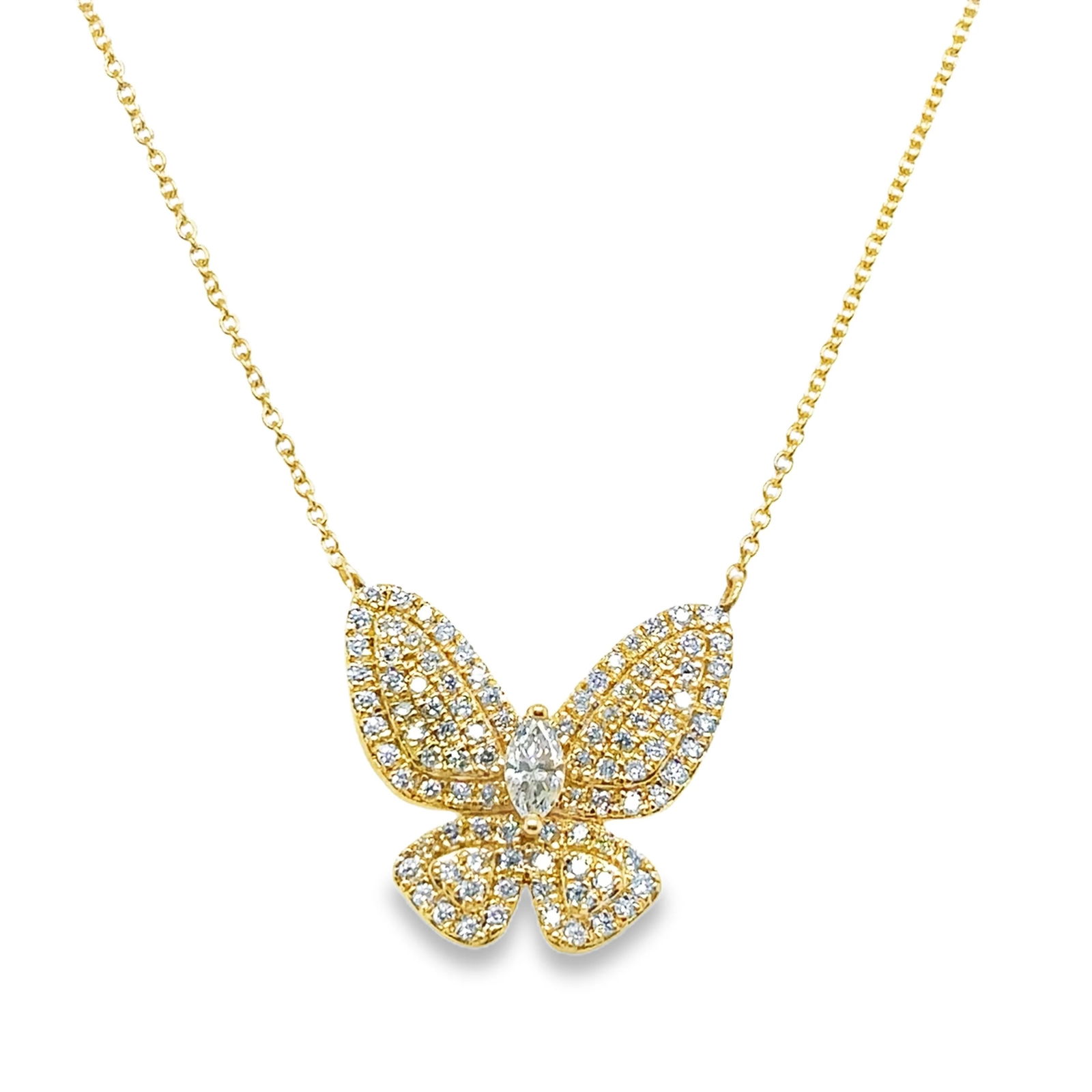 18KT GOLD DIAMOND BUTTERFLY NECKLACE: 18KT YELLOW GOLD DIAMOND BUTTERFLY NECKLACE 18"18KT GOLD WT. APPROX 5.73 GRAMDIAMOND WT. APPROX. 0.73 CARATMARQUISE SHAPE DIAMOND WT. APPROX. 0.96 CARAT18" LONG CHAIN WITH ADJUSTABLE RING ON 16" & 17"
