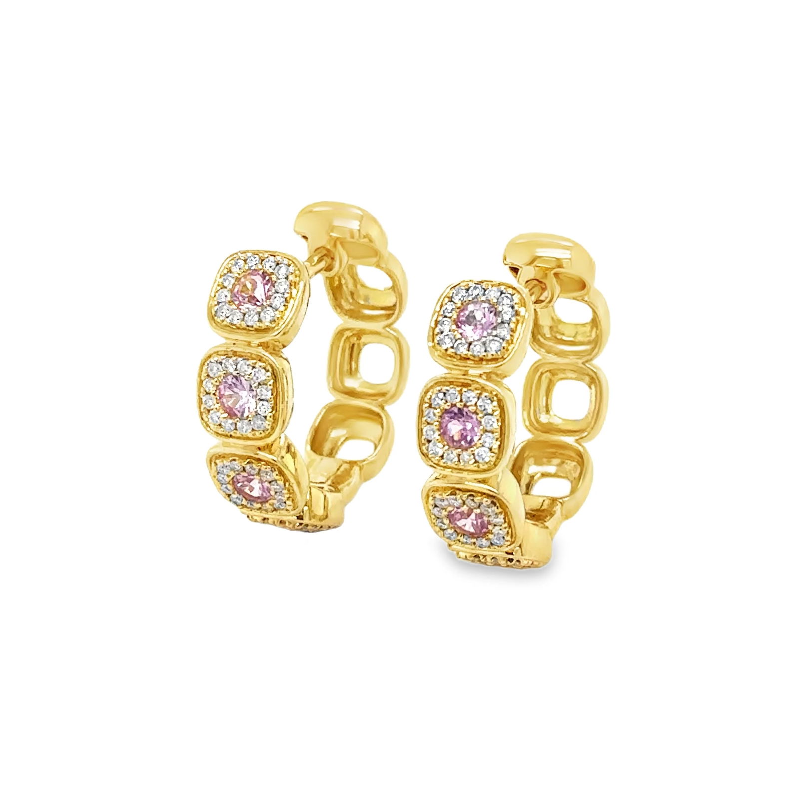 14KT YELLOW GOLD PINK SAPPHIRE AND DIAMONDS HOOP EARING: 14KT YELLOW GOLD PINK SAPPHIRE AND DIAMONDS HOOP EARING14KT GOLD WT. APPROX. 6.90 GRAMDIAMOND WT. APPROX. 0.31 CARAT PINK SAPPHIRE WT. APPROX. 0.64 CARAT / 08 PCSSIZE: APPOX. 20 MMWIDTH APPROX. - 6 MM