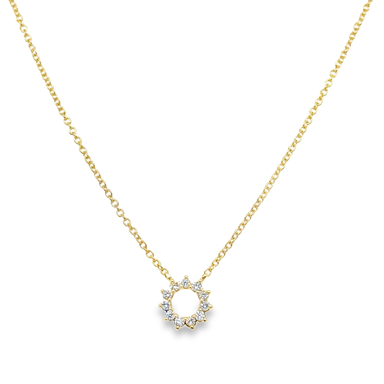 18KT GOLD DIAMOND OPEN CIRCLE NECKLACE: 18KT YELLOW GOLD DIAMOND OPEN CIRCLE NECKLACE 18"18KT GOLD WT. APPROX 1.74 GRAMDIAMOND WT. APPROX. 0.11 CARAT/ 11 PCS18" LONG CHAIN WITH ADJUSTABLE RING ON 16" & 17" EXTENDER