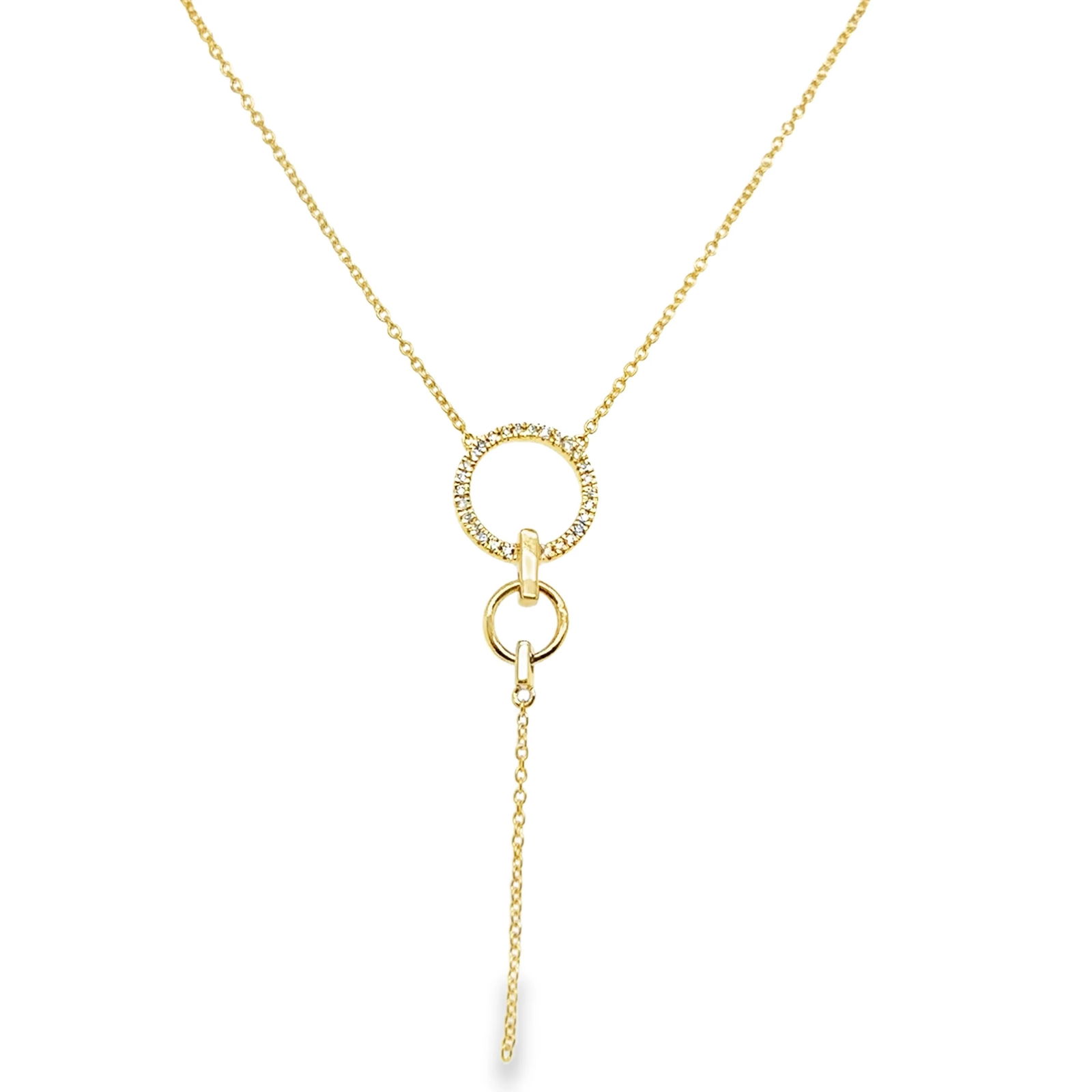 18KT GOLD DIAMOND OPEN CIRCLE DANGLING NECKLACE: 18KT YELLOW GOLD DIAMOND OPEN CIRCLE DANGLING NECKLACE 18"18KT GOLD WT. APPROX 2.69 GRAMDIAMOND WT. APPROX. 0.09 CARAT/ 28 PCS18" LONG CHAIN WITH ADJUSTABLE RING ON 16" & 17" EXTENDER