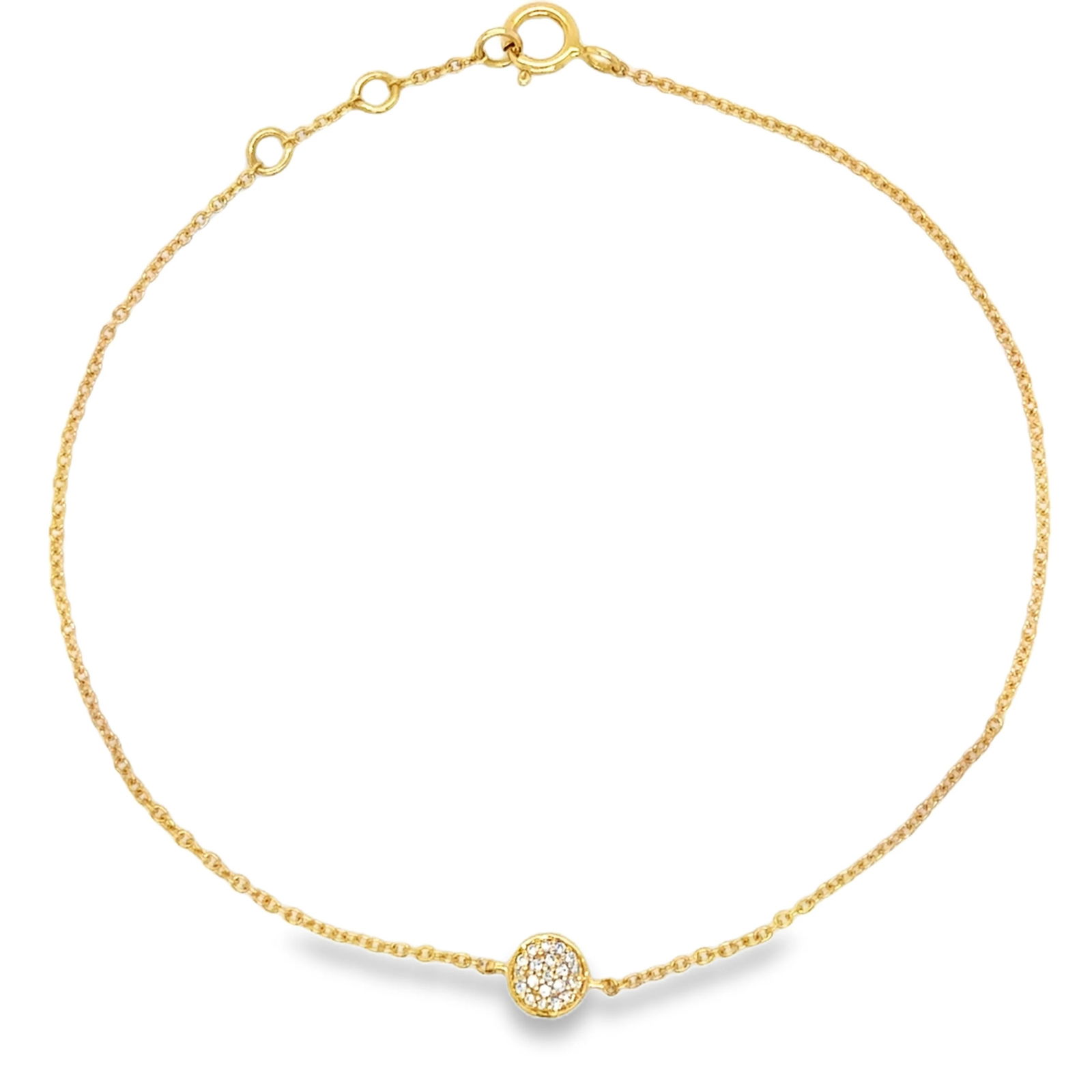 18KT GOLD DIAMOND ROUND DISK CHAIN BRACELET: 18KT YELLOW GOLD DIAMOND ROUND DISK CHAIN BRACELET 7.5"18KT GOLD WT. APPROX. 0.97 GRAMDIAMOND WT. APPROX. 0.04 CARAT / 20 PCSROUND DISK SIZE APPROX. - 5 MM7.5 INCHES LONG WITH ADJUSTABLE RING ON