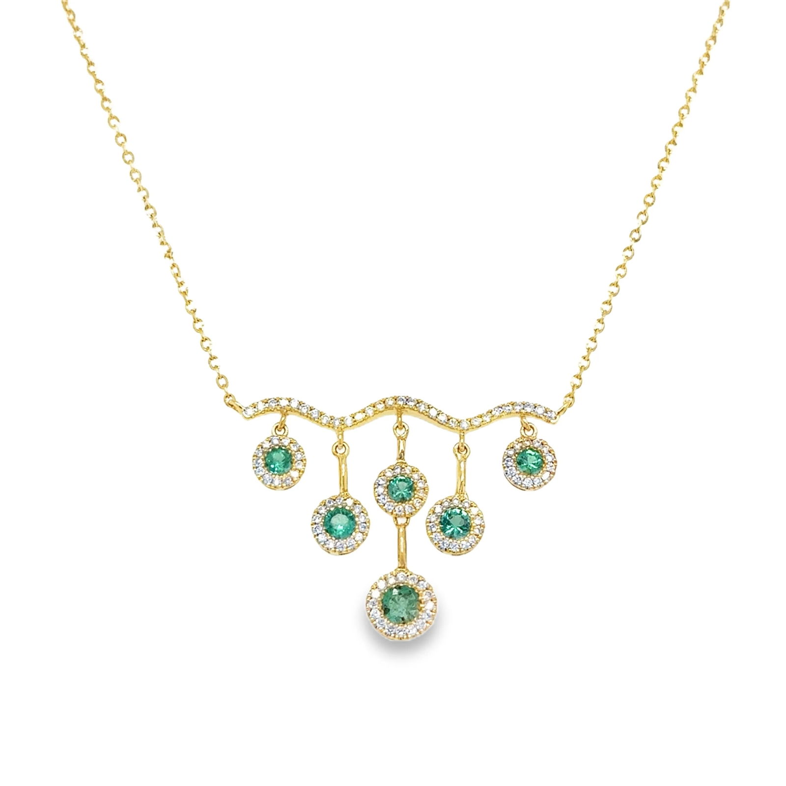 14KT YELLOW GOLD EMERALD AND DIAMOND DANGLING NECKLACE: 14KT YELLOW GOLD EMERALD AND DIAMOND DANGLING NECKLACE 18"14KT GOLD WT. APPROX. 2.45 GRAMDIAMOND WT. APPROX. 0.22 CARAT EMERALD WT. APPROX. 0.33 CARAT / 06 PCS18 INCH LONG WITH ADJUSTABLE RING ON 16"