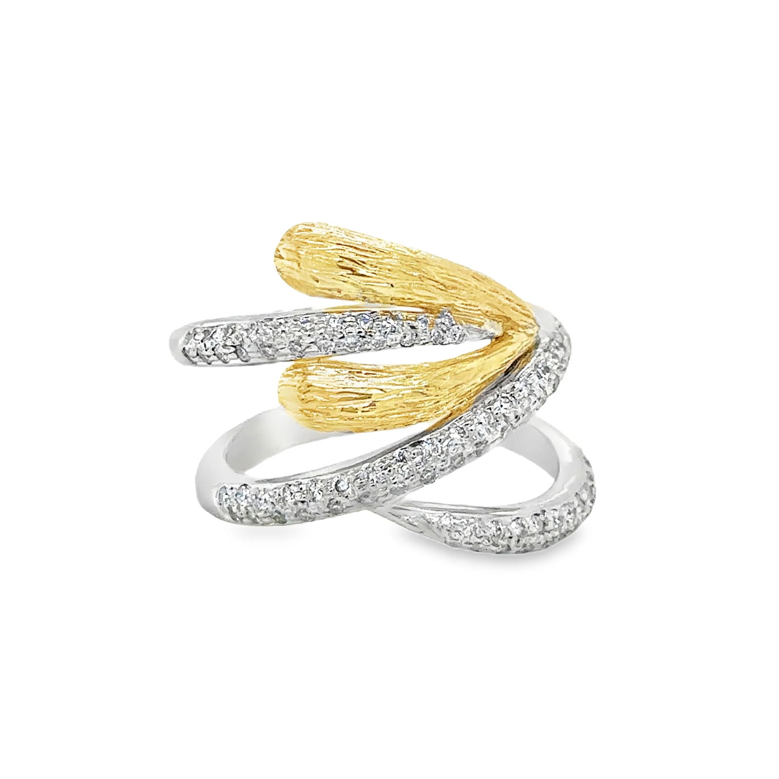 14KT TWO TONE GOLD DIAMOND RING: 14KT YELLOW AND WHITE GOLD DIAMOND RING14KT GOLD WT. APPROX. 8.59 GRAMDIAMOND WT. APPROX. 0.58 CARAT / 87 PCSRING SIZE: 7WIDTH APPROX. - 16 MM