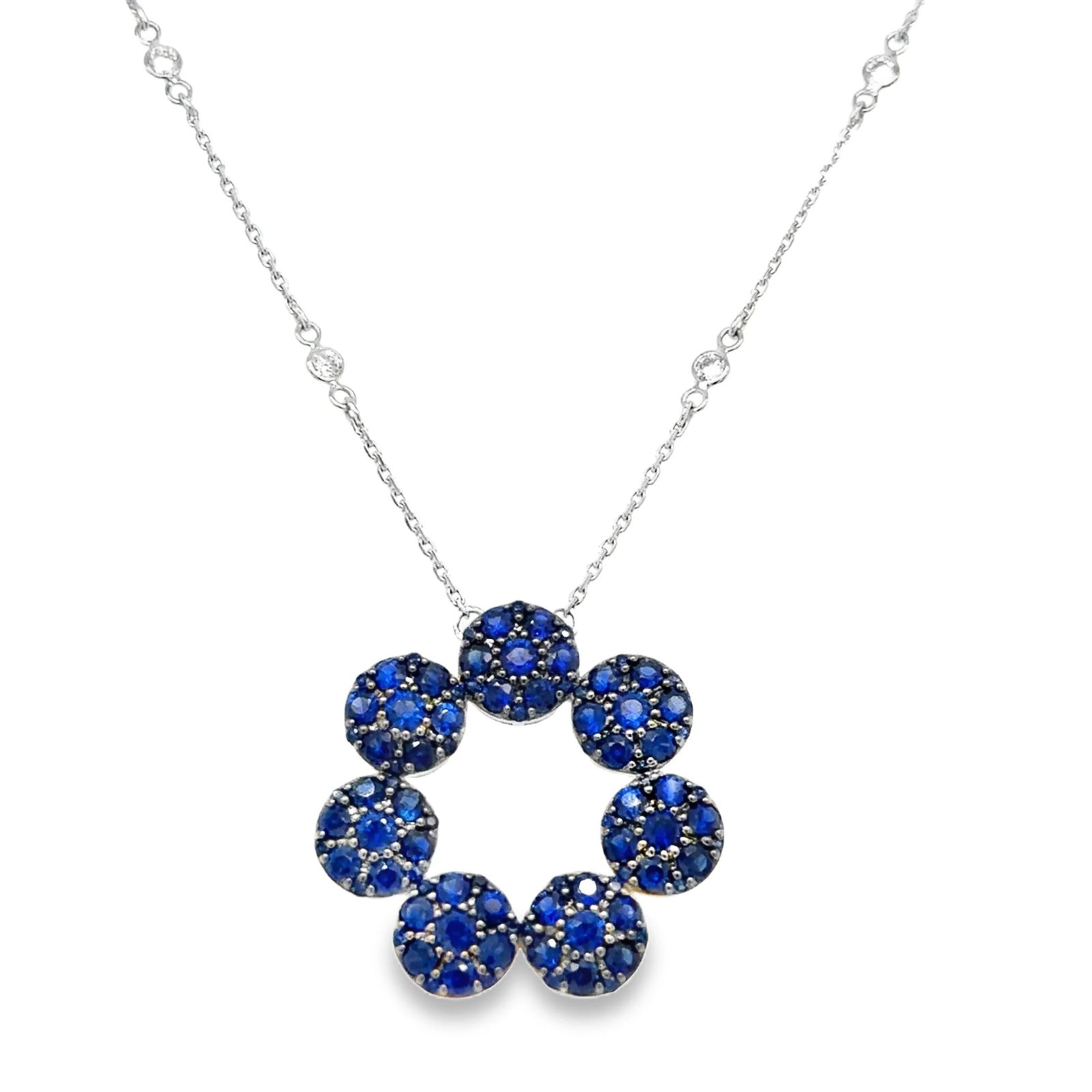 18KT WHITE GOLD DIAMOND AND BLUE SAPPHIRE NECKLACE: 18KT WHITE GOLD DIAMOND AND BLUE SAPPHIRE NECKLACE 18"18KT GOLD WT. APPROX. 4.78 GRAMDIAMOND WT. APPROX. 0.36 CT / 10 PCSBLUE SAPPHIRE WT. APPROX. 2.39 CTS / 91 PCS18" LONG CHAIN WITH ADJUSTABLE