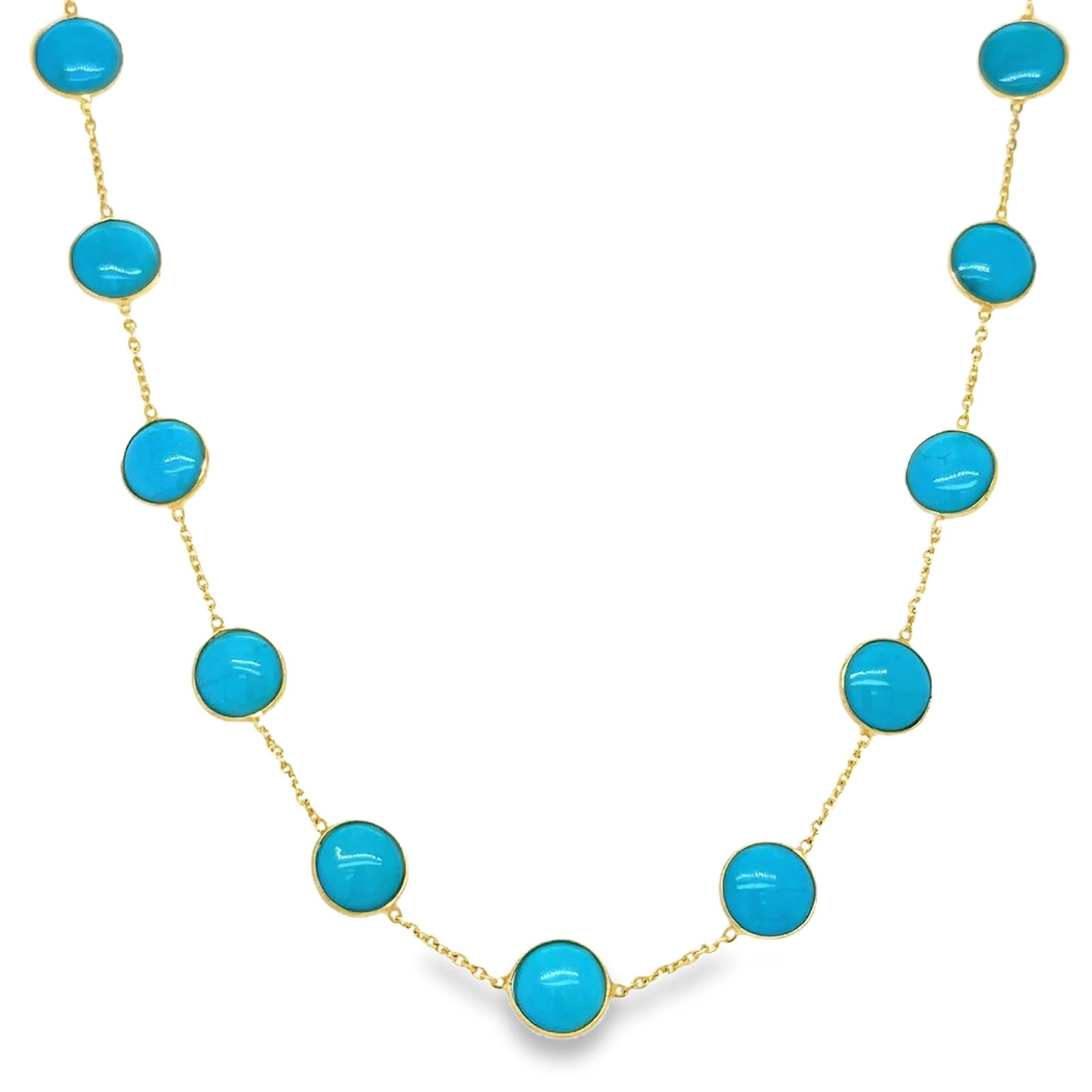 18KT GOLD TURQUOISE COIN STATION NECKLACE (8MM): 18KT YELLOW GOLD TURQUOISE COIN STATION NECKLACE18KT GOLD WT. APPROX. 2.63 GRAMTURQUOISE WT. APPROX. 14.98 CARAT/ 14 PCS18" LONG WITH ADJUSTABLE RING ON 16" AND 17" TURQUISE SIZE APPROX. - 8 MM
