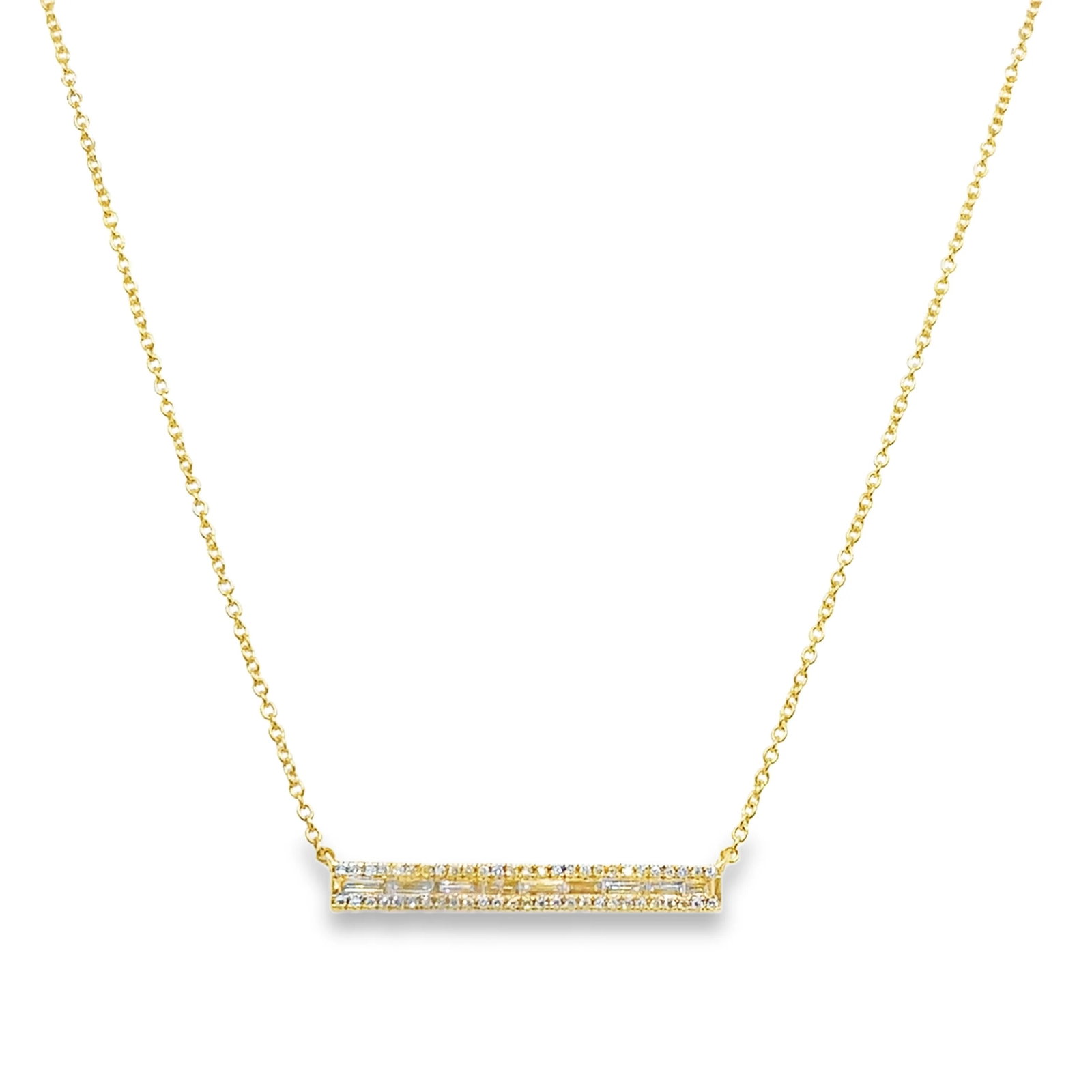 18KT GOLD DIAMOND BAR NECKLACE: 18KT YELLOW GOLD DIAMOND BAR NECKLACE 18"18KT GOLD WT. APPROX 2.55 GRAMDIAMOND WT. APPROX. 0.17 CARAT/ 68 PCS18" LONG CHAIN WITH ADJUSTABLE RING ON 16" & 17" EXTENDER