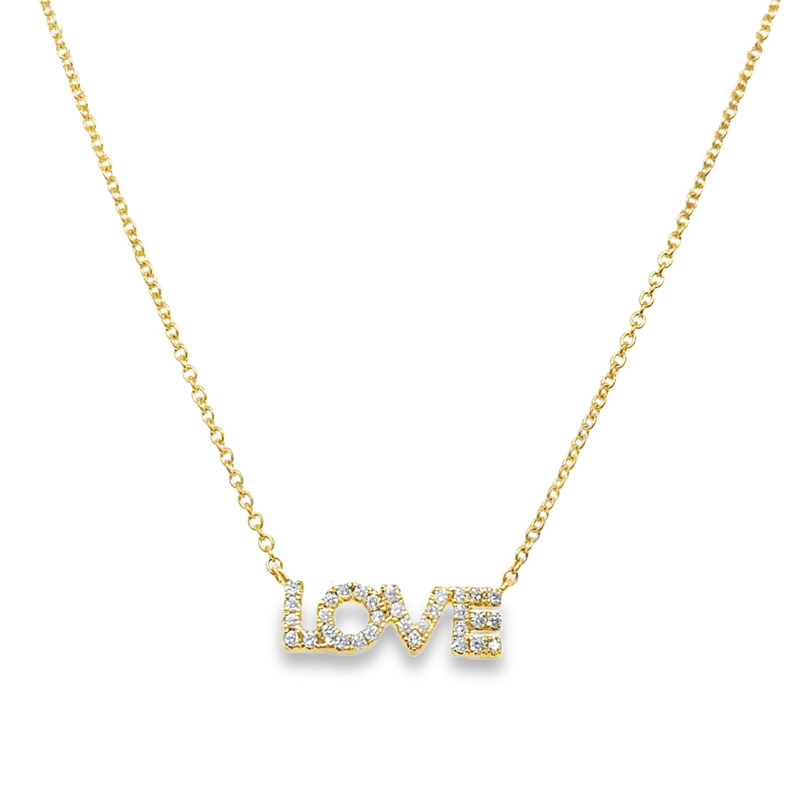 18KT GOLD DIAMOND LOVE NECKLACE: 18KT YELLOW GOLD DIAMOND LOVE NECKLACE 18"18KT GOLD WT. APPROX 2.18 GRAMDIAMOND WT. APPROX. 0.13 CARAT/ 32 PCS18" LONG CHAIN WITH ADJUSTABLE RING ON 16" & 17" EXTENDER