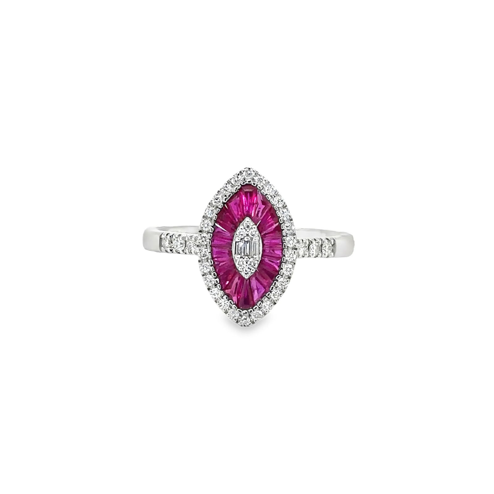 14KT WHITE GOLD RUBY AND DIAMONDS MARQUISE RING: 14KT WHITE GOLD RUBY AND DIAMONDS MARQUISE RING14KT GOLD WT. APPROX. 2.71 GRAMDIAMOND WT. APPROX. 0.18 CARAT / 31 PCSRUBY WT. APPROX. 0.23 CARAT / 16 PCS RING SIZE: 7SIZE APPROX. - 12 MM X 8 MM
