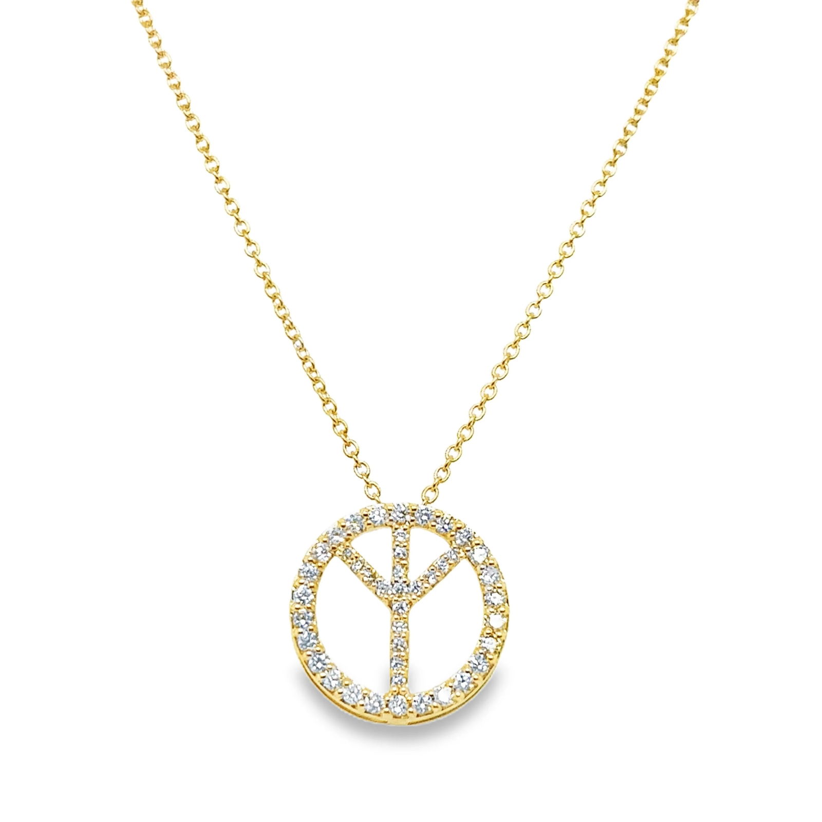 18KT GOLD DIAMOND PEACE SIGN NECKLACE: 18KT YELLOW GOLD DIAMOND PEACE SIGN NECKLACE 18"18KT GOLD WT. APPROX 2.59 GRAMDIAMOND WT. APPROX. 0.30 CARAT/ 43 PCS18" LONG CHAIN WITH ADJUSTABLE RING ON 16" & 17" EXTENDER