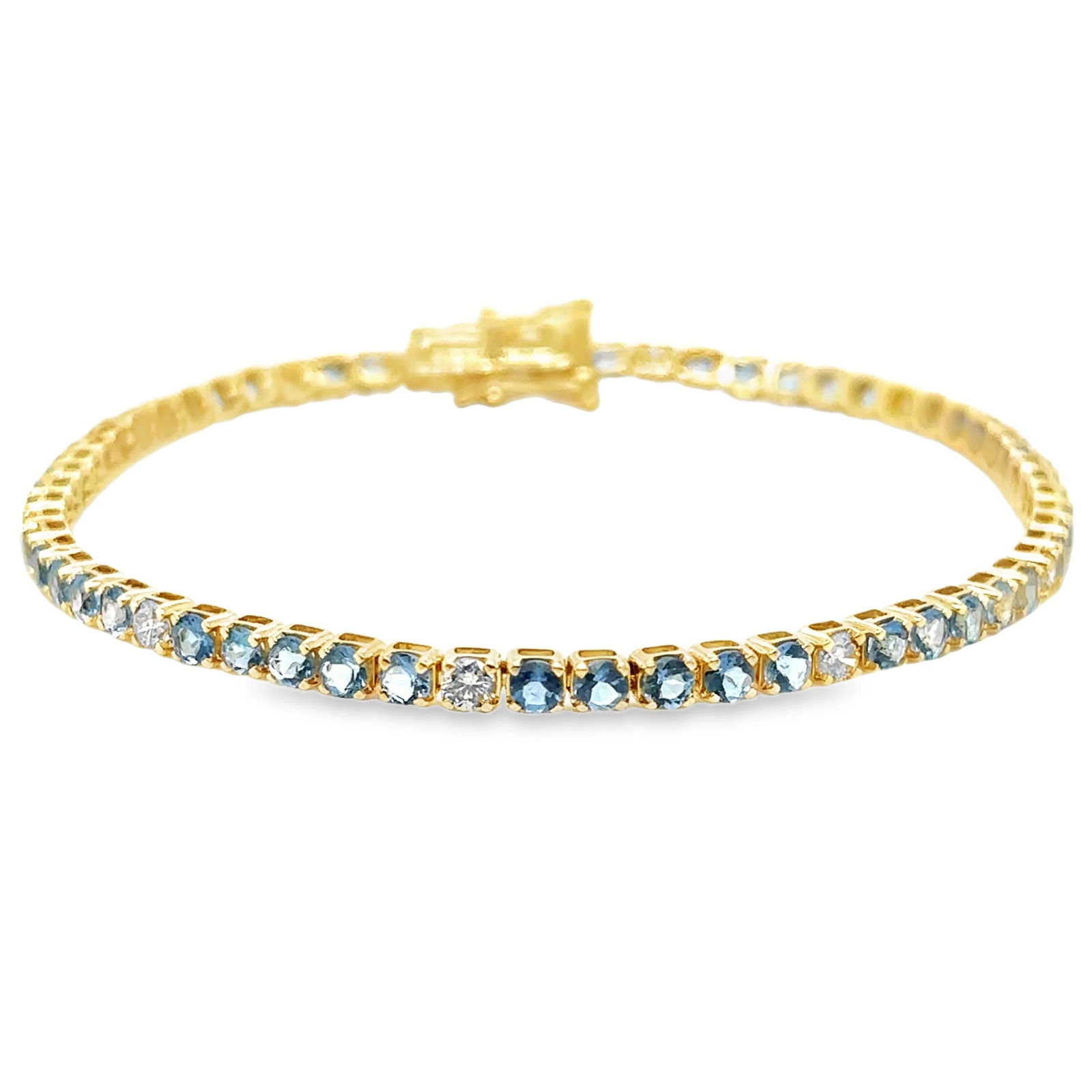 14KT GOLD BLUE AQUAMARINE AND DIAMOND TENNIS BRACELET: 14KT GOLD WT. APPROX. 5.20 GRAMDIAMOND WT. APPROX. 0.68 CARAT / 10 PCSAQUAMARINE WT. APPROX. 2.99 CARAT / 51 PCSLENGTH: 7 INCHES LONG WIDTH APPROX. 2.6 MM