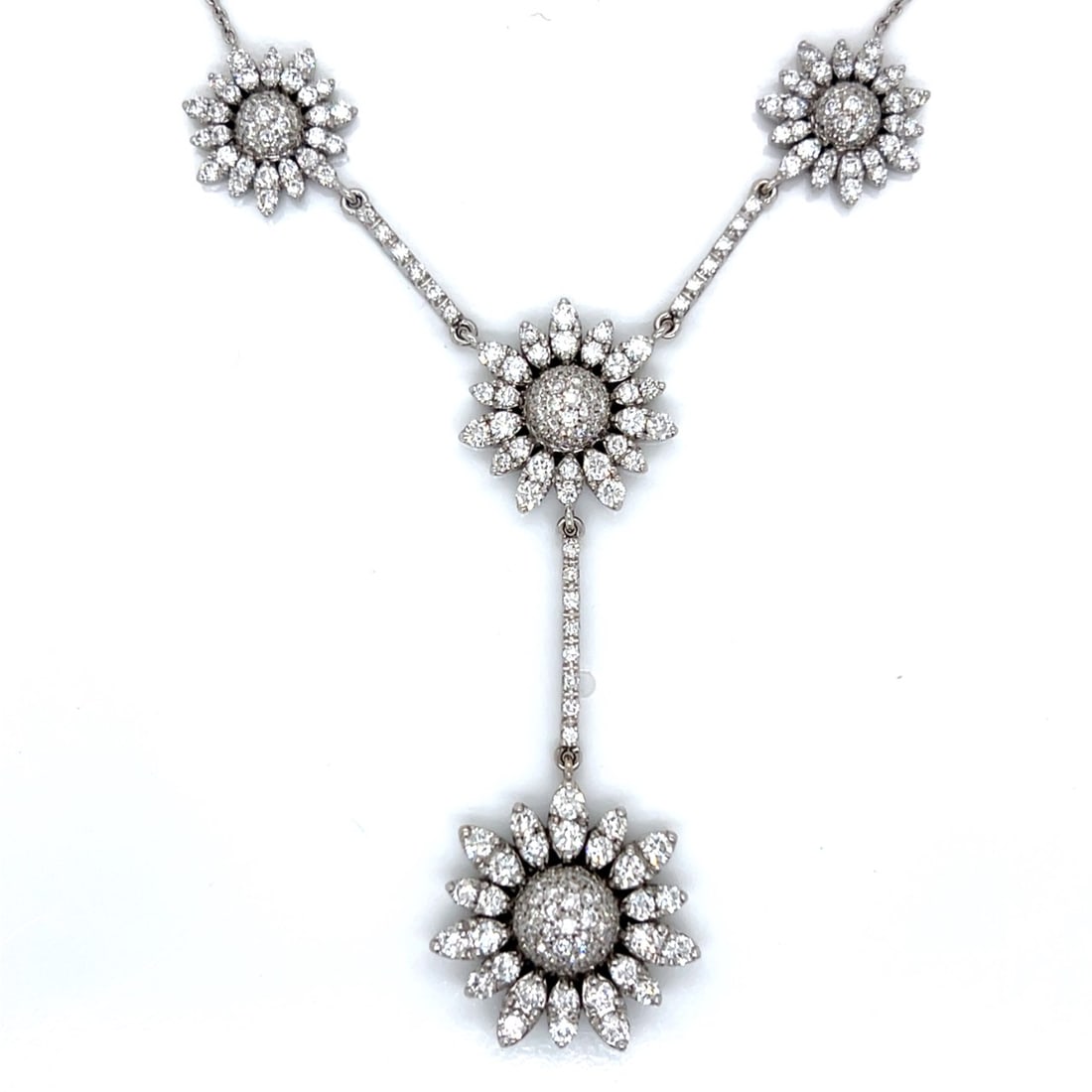 1960’s 18K White Gold 5.00 Ct. Diamond Necklace: 1960’s 18K White Gold 5.00 Ct. Diamond NecklaceWeighing 19.4 gramsSet with app. 5.00 Ct. of DiamondsF-G Color, VVS-VS Clarity16 inches in length