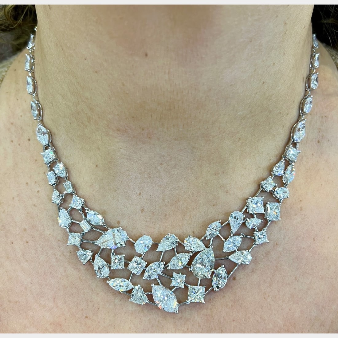 Platinum 52.50 Ct. Diamond Necklace: Platinum 52.50 Ct. Diamond NecklaceWeighing 52.1 gramsSet with 65 Diamonds weighing app. 52.50 Ct.F-I Color, SI1-I1 Clarity16.5 inches in length