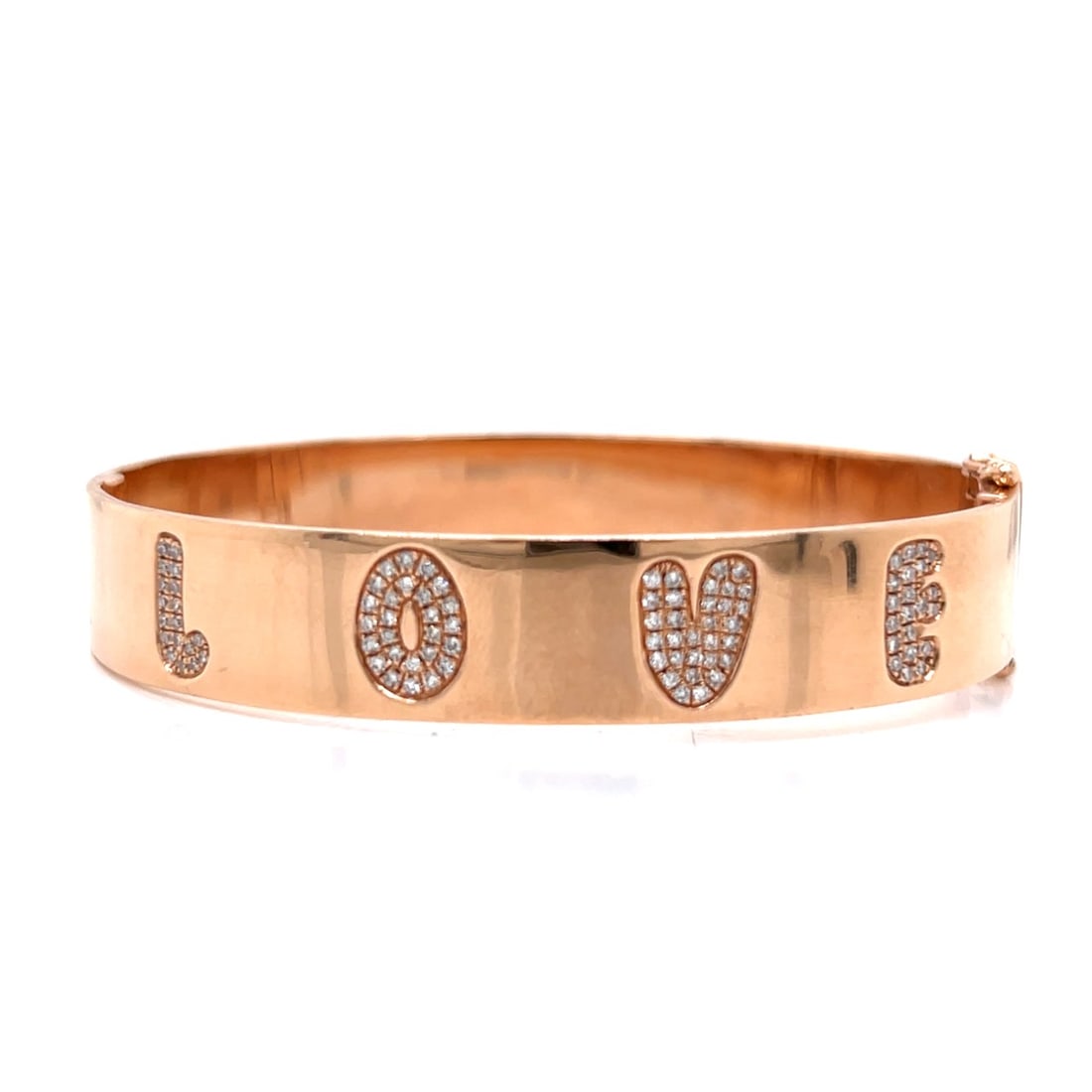 14K Rose Gold Diamond Bangle Bracelet: 14K Rose Gold Diamond Bangle BraceletWeighing 20.8 gramsSet with 100 Diamonds weighing app. 0.75 Ct.G-H Color, VVS-VS ClarityFits 6 inch wrist