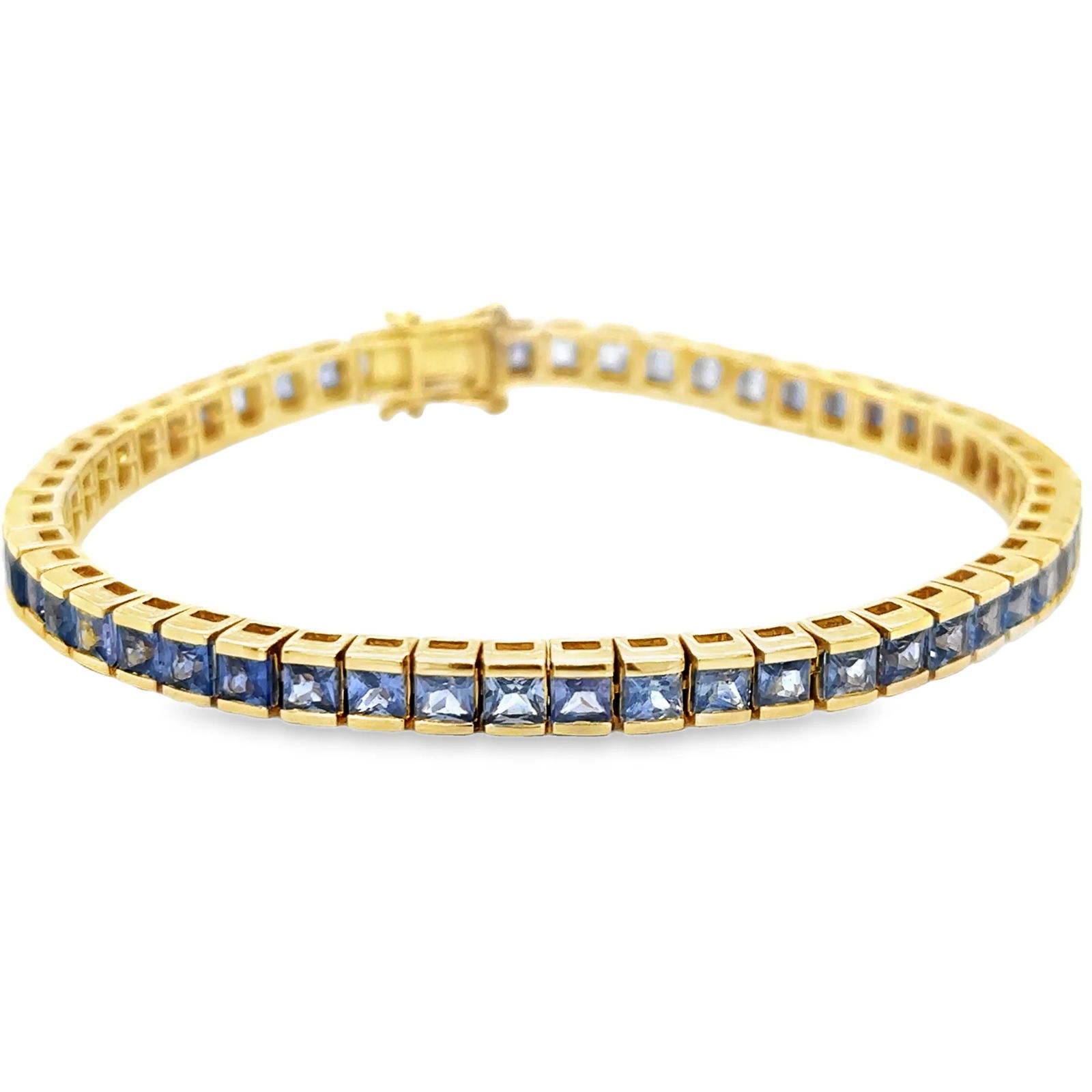 18KT GOLD BLUE SAPPHIRE BRACELET: 18KT YELLOW GOLD BLUE SAPPHIRE BRACELET 7."18KT GOLD WT. APPROX. 19.68 GRAMBLUE SAPPHIRE WT. APPROX. 9.65 CT / 51 PCS7 INCHES LONGSIZE APPROX. - 4.2 MM WIDE